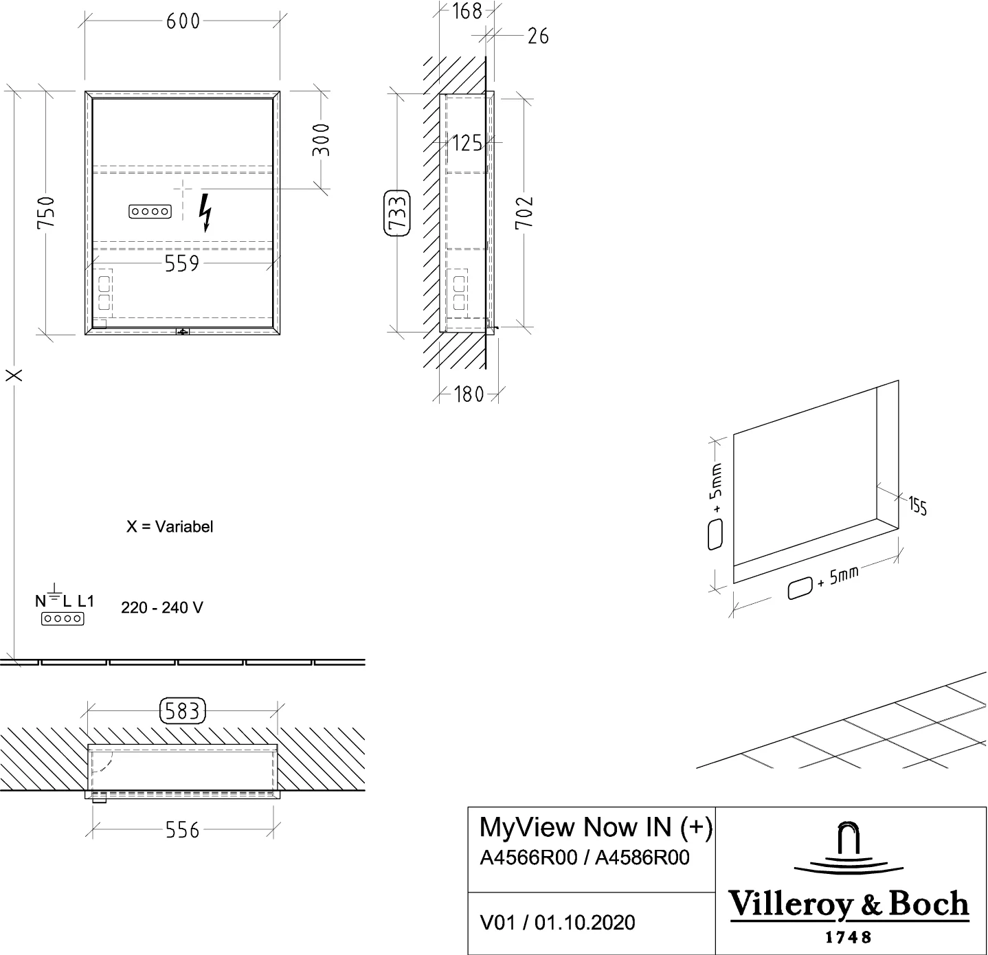 Villeroy & Boch Einbau-Spiegelschrank My View Now A4566R 600x750x168mm mit Beleuchtung