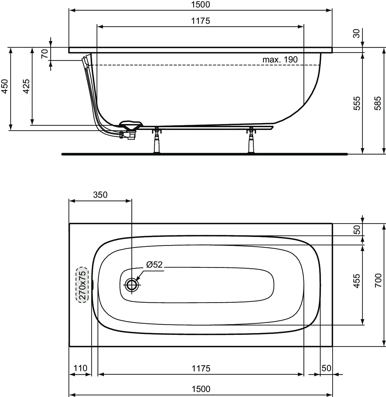 Ideal Standard Badewanne „i.life“ 70 × 150 cm