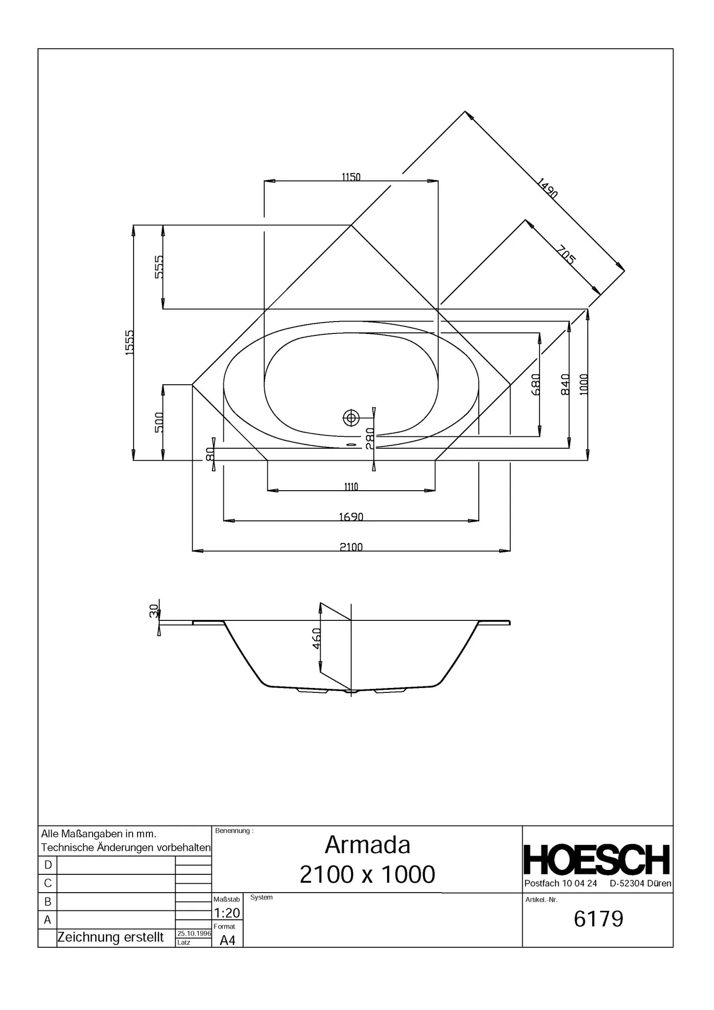 Hoesch Badewanne „Armada“ sechseck 210 × 100 cm in Weiß
