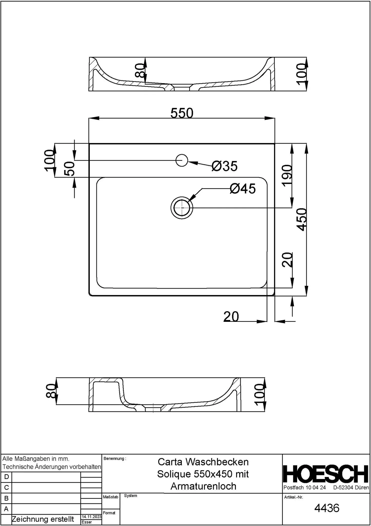 Hoesch Aufsatz-Waschbecken Carta, Serie: 450x550 mm, Material Solique, weiß matt, mit Lochbohrung für Armatur