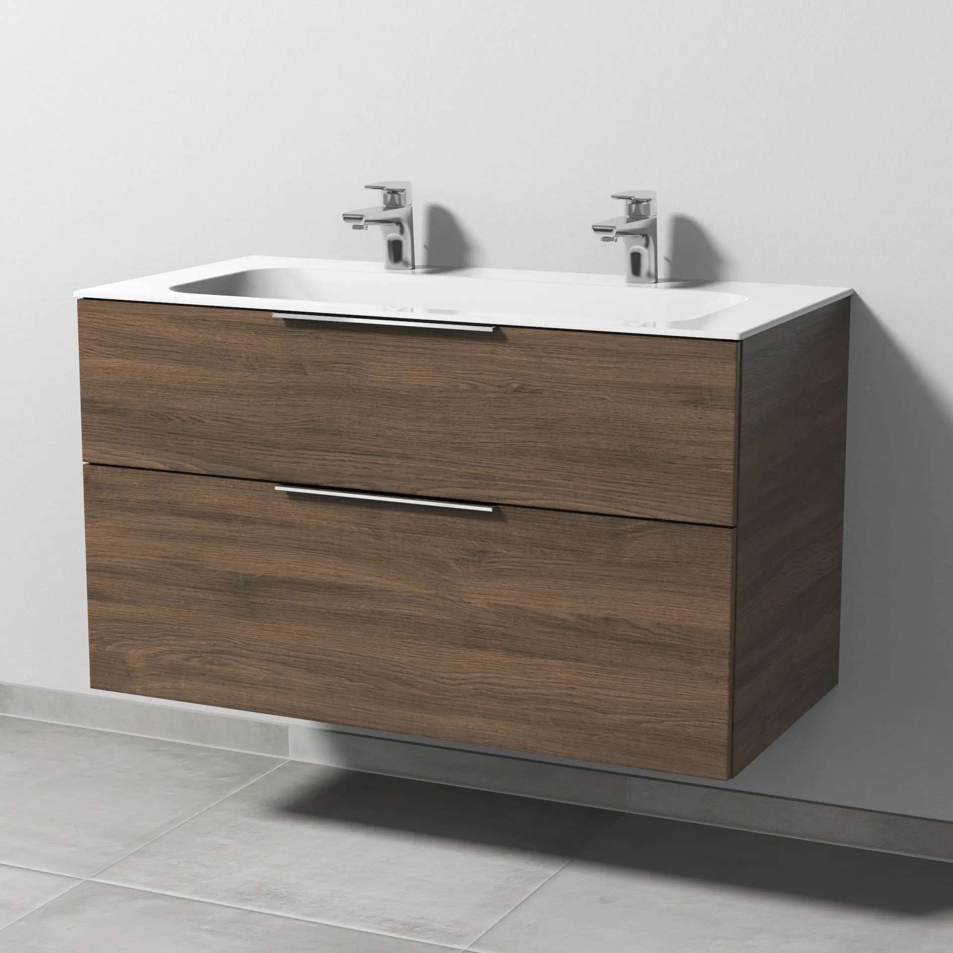 Keramik-Waschtisch-Set mit Waschtischunterschrank „3way“ 99 × 49,7 × 58,2 cm in Eiche Arizona, mit Hahnlochbohrung, Becken mittig