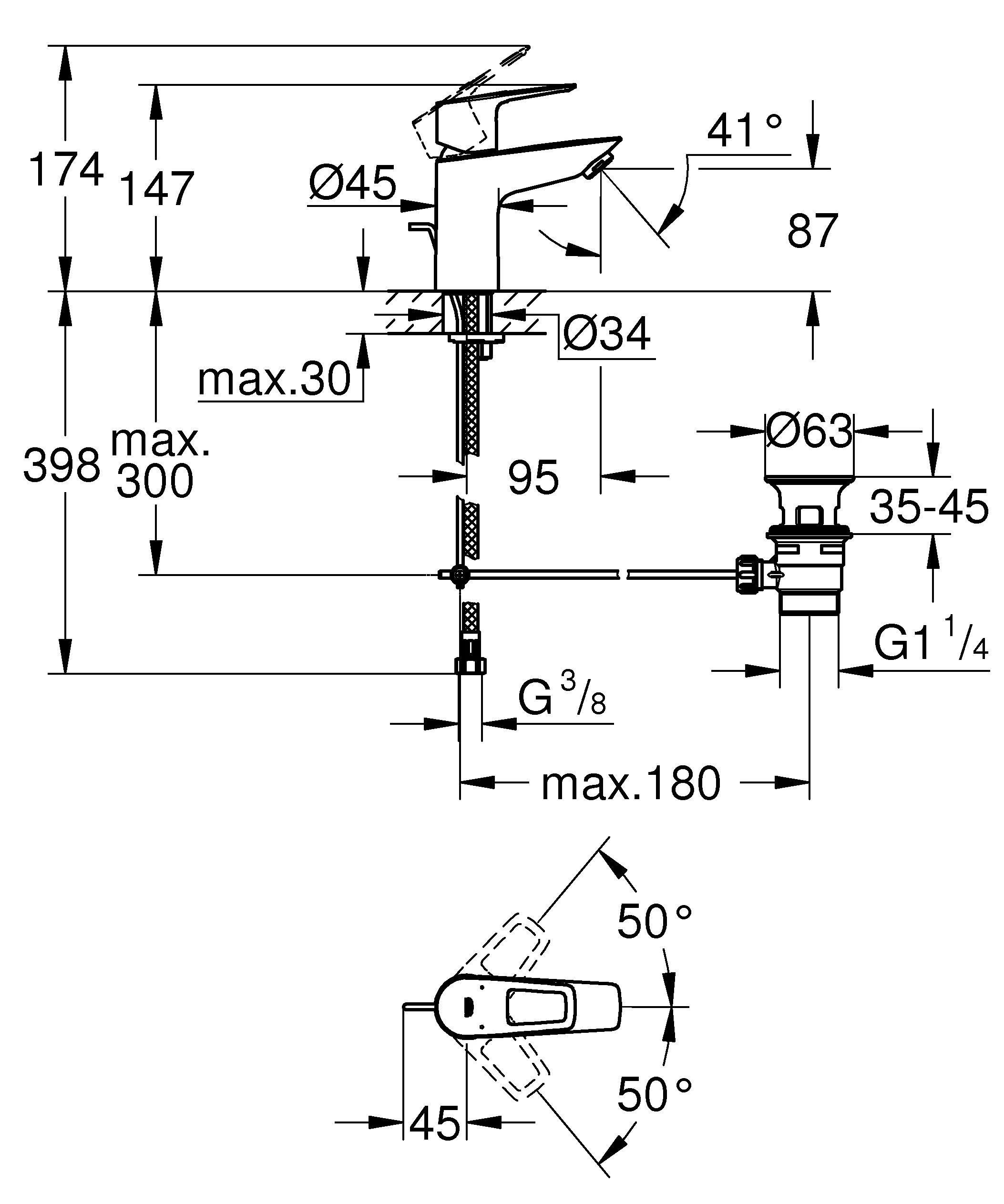 Einhand-Waschtischbatterie BauLoop 23877_1, S-Size, Einlochmontage, mit Temperaturbegrenzer, LowFlow 3,5 l/min Mousseur, Zugstangen-Ablaufgarnitur aus Kunststoff 1 1/4″, chrom