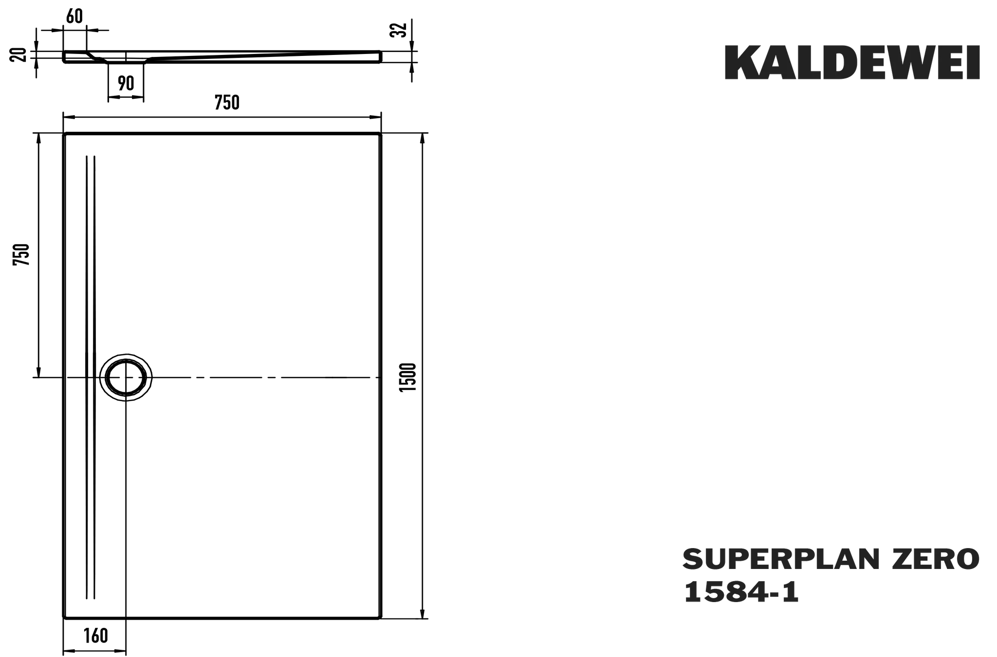 Kaldewei SUPERPLAN ZERO Duschfläche 750x1500 mm, cool grey 30, Secure Plus Antislip, bodeneben, 20 mm tief