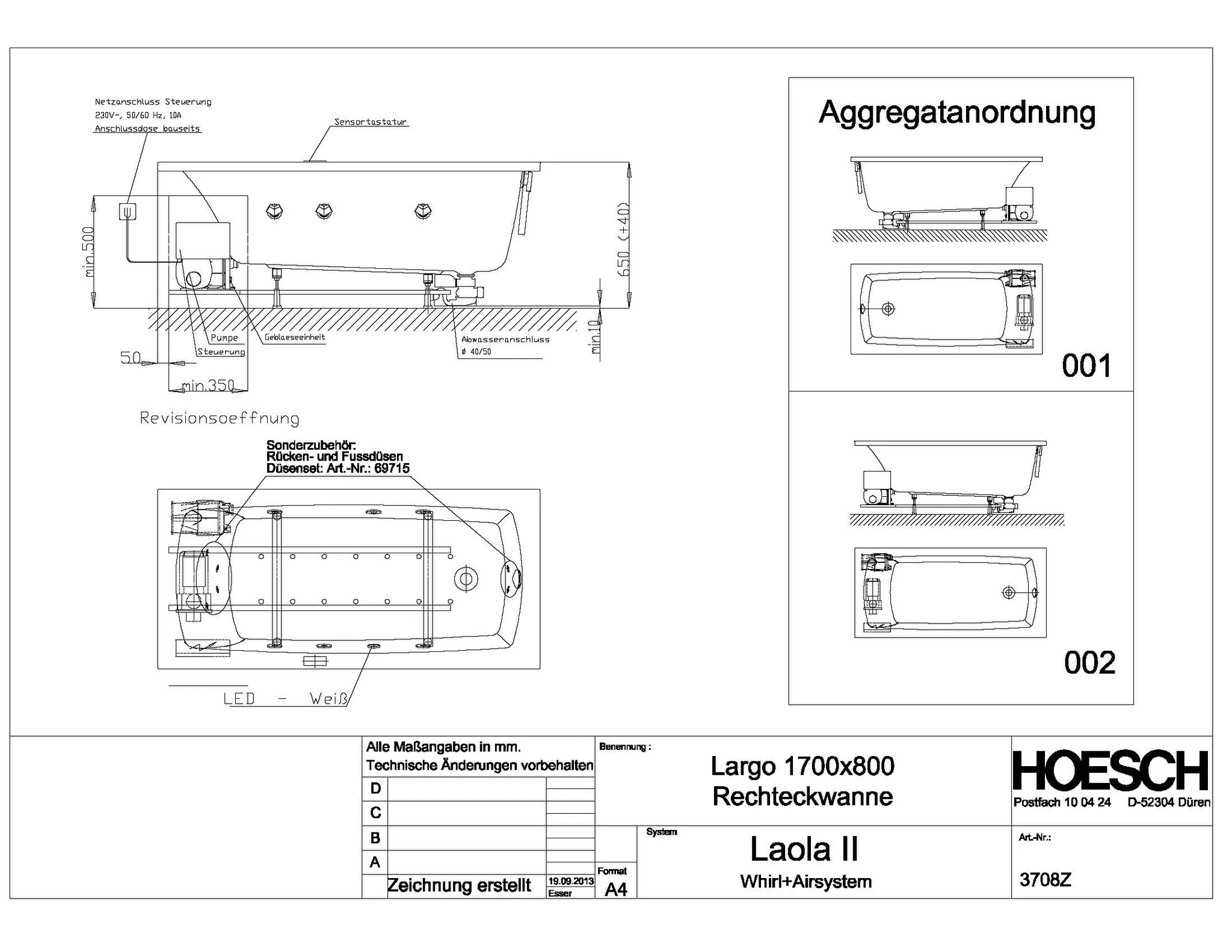 Hoesch Whirlwanne „Largo“ mit Whirlsystem „Laola II“ rechteck 170 × 80 cm