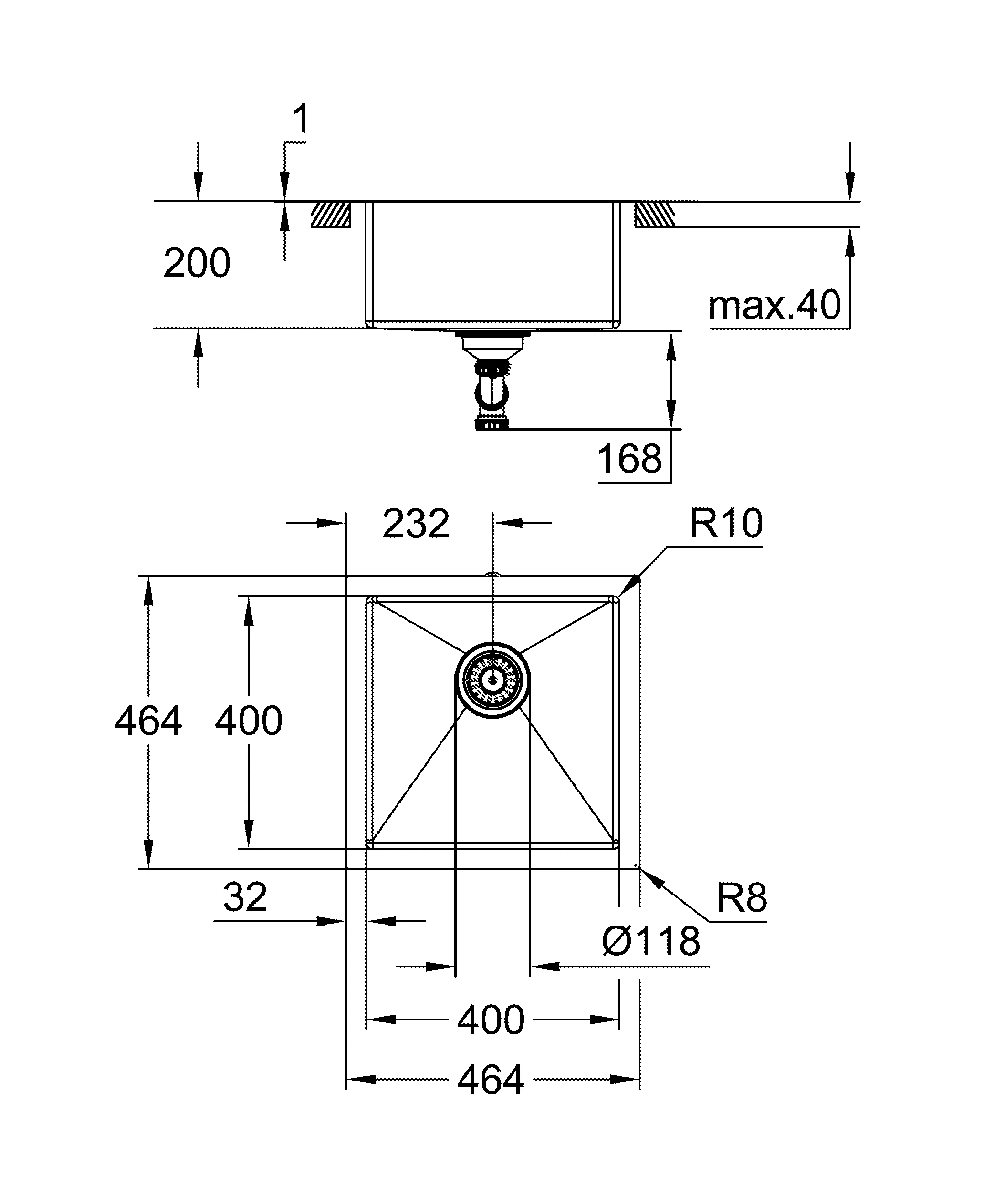 Edelstahlspüle K700 31578_1, Modell: K700 45-S 46,4/46,4 1.0, Montageart: Unterbau, aufliegend oder flächenbündig, Maße: 464 x 464 mm, 1 Becken: 400 x 400 x 200 mm, edelstahl