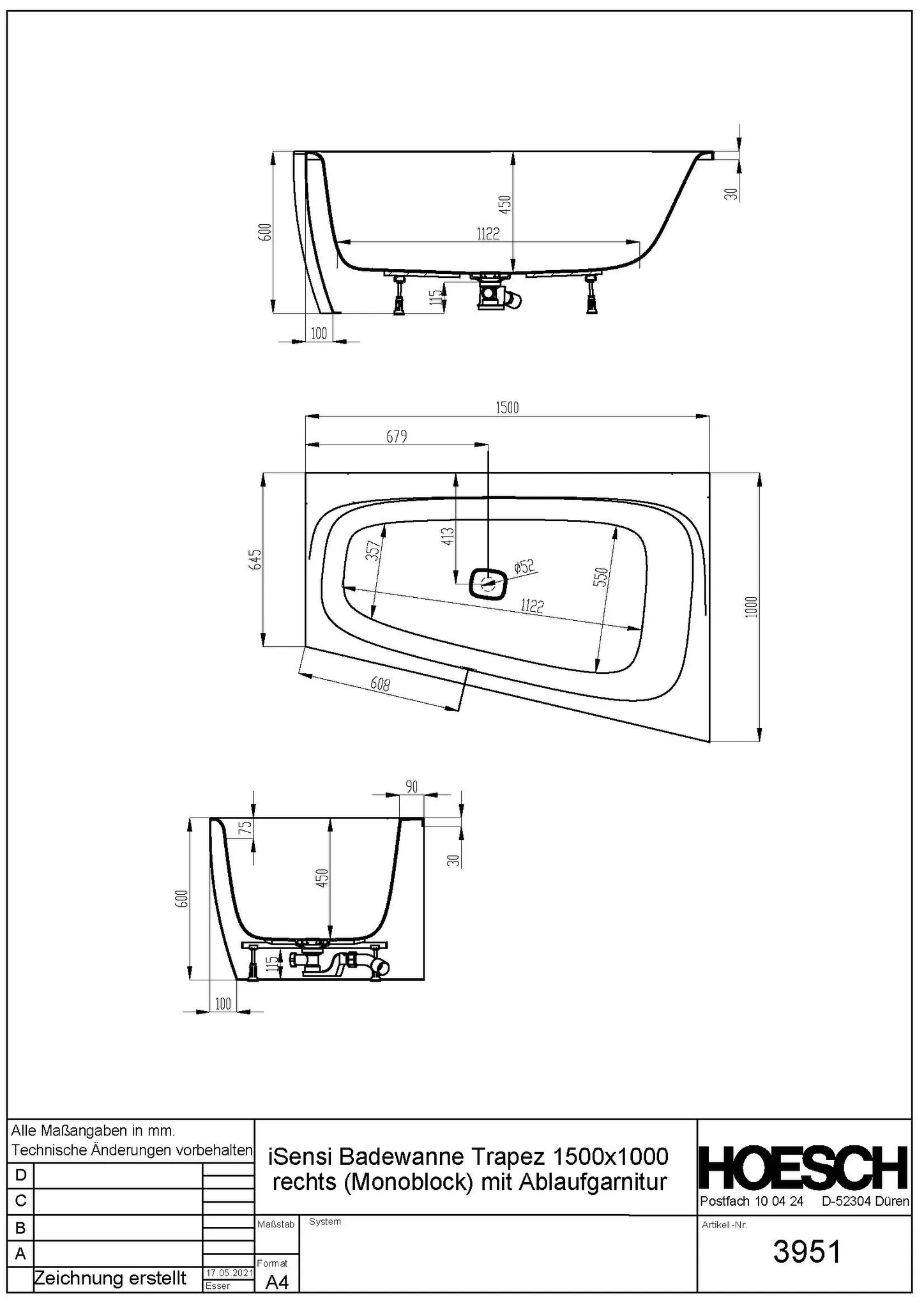 Hoesch iSensi Trapez 1500x1000 Monolith rechts mit Überlaufschlitz, freistehend Hoesch iSensi Trapez 1500x1000 Monolith rechts mit Überlaufschlitz, freistehend