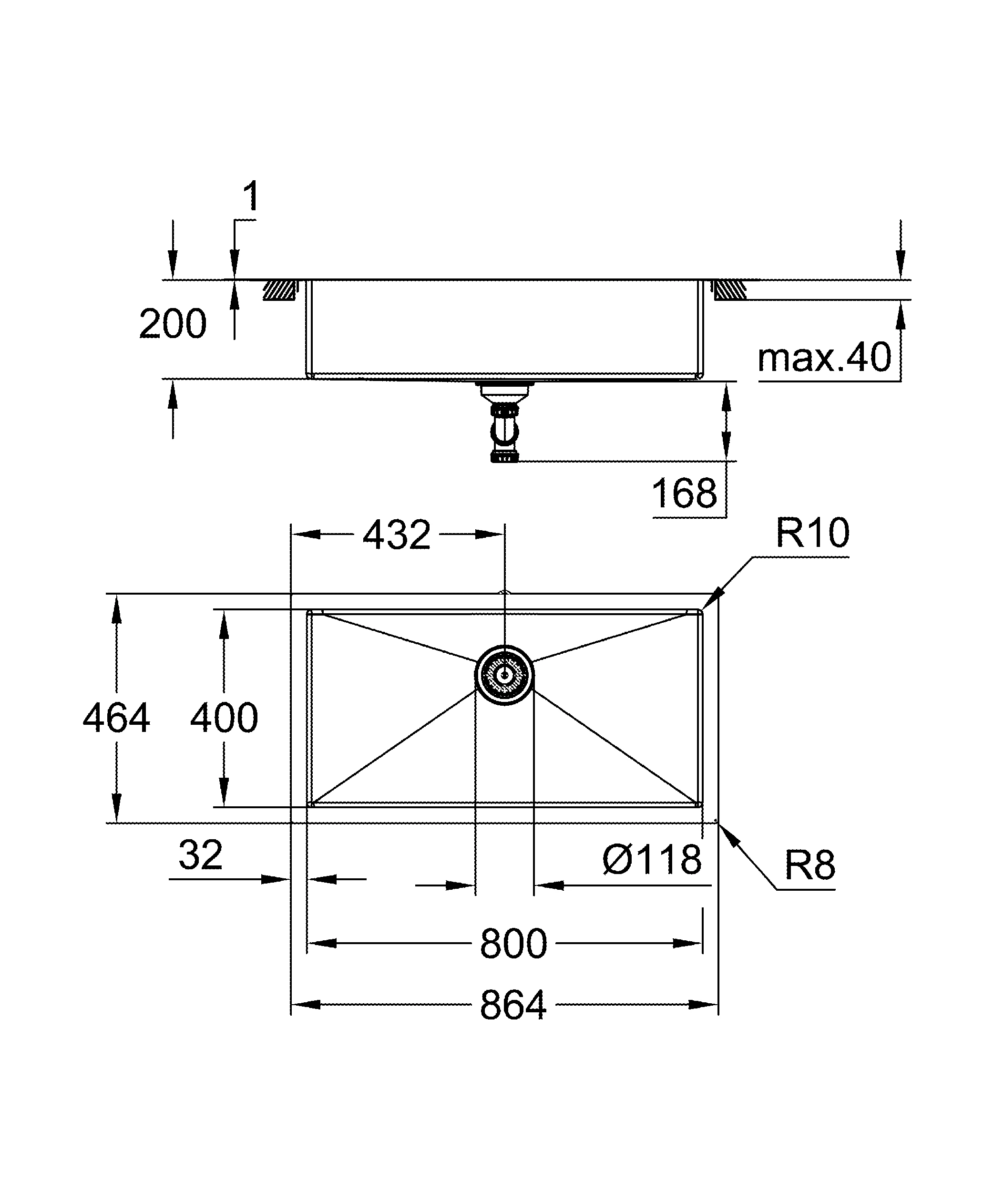 Edelstahlspüle K700 31580_1, Modell: K700 90-S 66,4/46,4 1.0, Montageart: Unterbau, aufliegend oder flächenbündig, Maße: 864 x 464 mm, 1 Becken: 800 x 400 x 200 mm, edelstahl