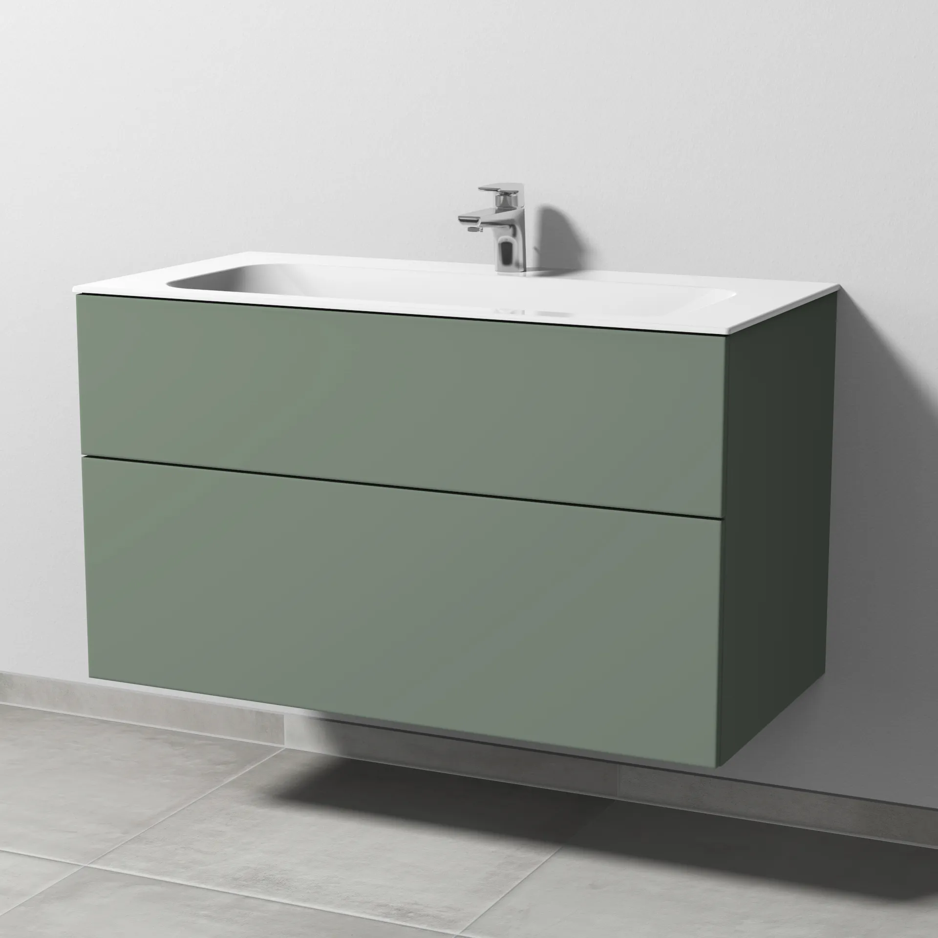 Keramik-Waschtisch-Set mit Waschtischunterschrank „3way“ 99 × 49,7 × 58,2 cm in Soft-Green, mit Hahnlochbohrung, Becken mittig