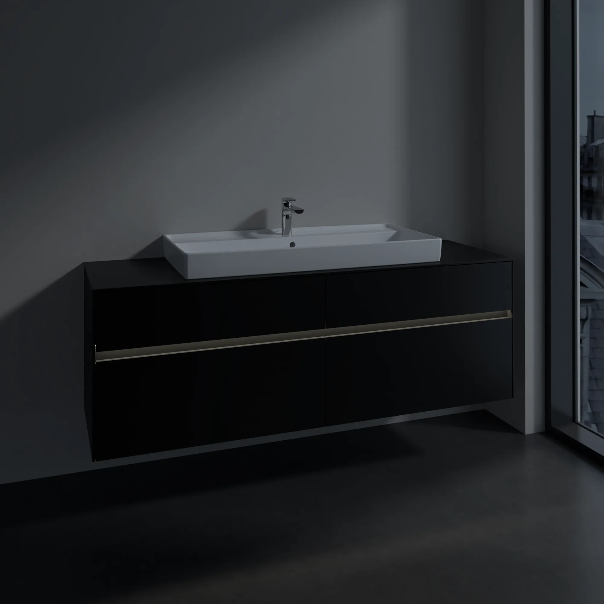 Villeroy & Boch Waschtischunterschrank „Collaro“ 1600 × 548 × 500 mm Volcano Black, mit Beleuchtung, für Becken mittig