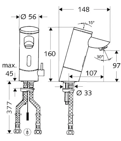 Waschtisch-Armatur PURIS E, Elektronisch, HD-M - Hochdruck Mischwasser, Infrarot, Steckernetzteil 9 VDC, 100 - 240 VAC, 50 - 60 Hz, G 3/8 IG, chrom