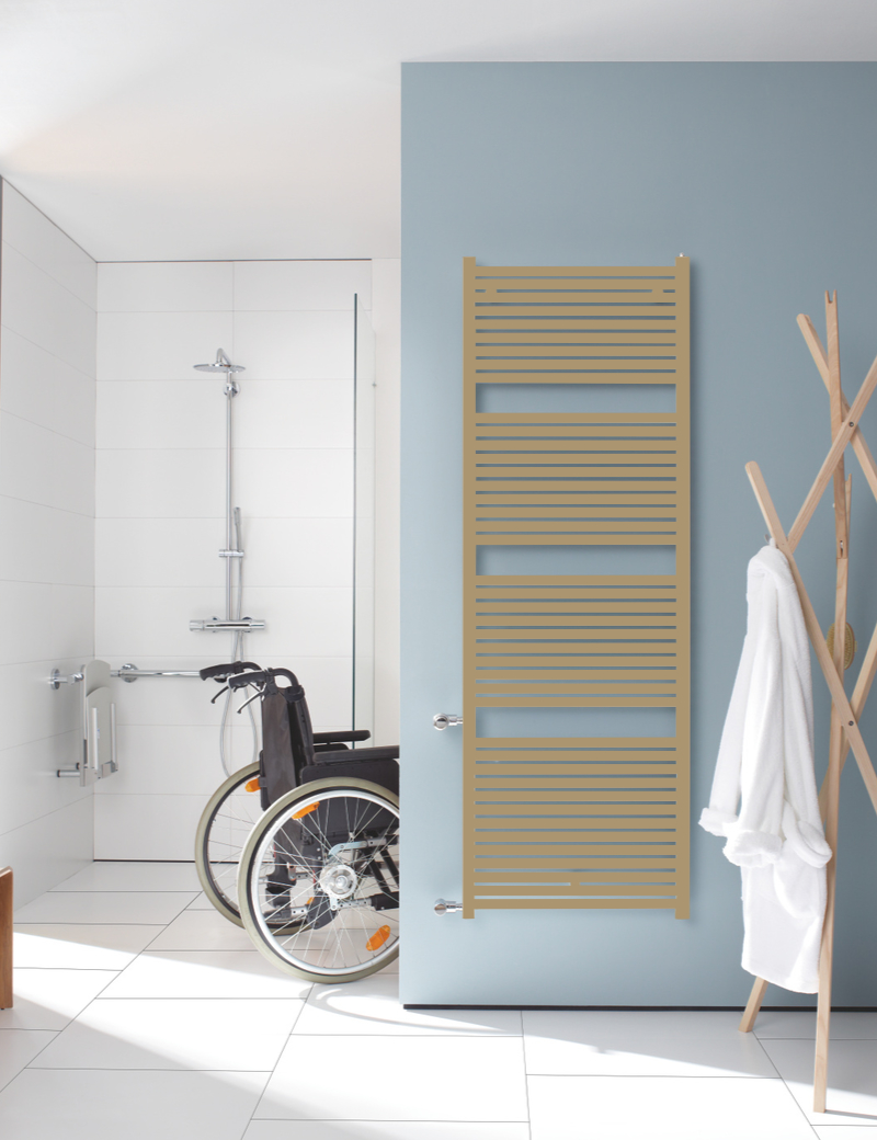 Zehnder Design-Heizkörper Toga elektrisch TE-120-050/GD, 1173x35x500 mm, Golden Sand, spritzwassergeschützt IP44, 230 V, mit Funksteuerung