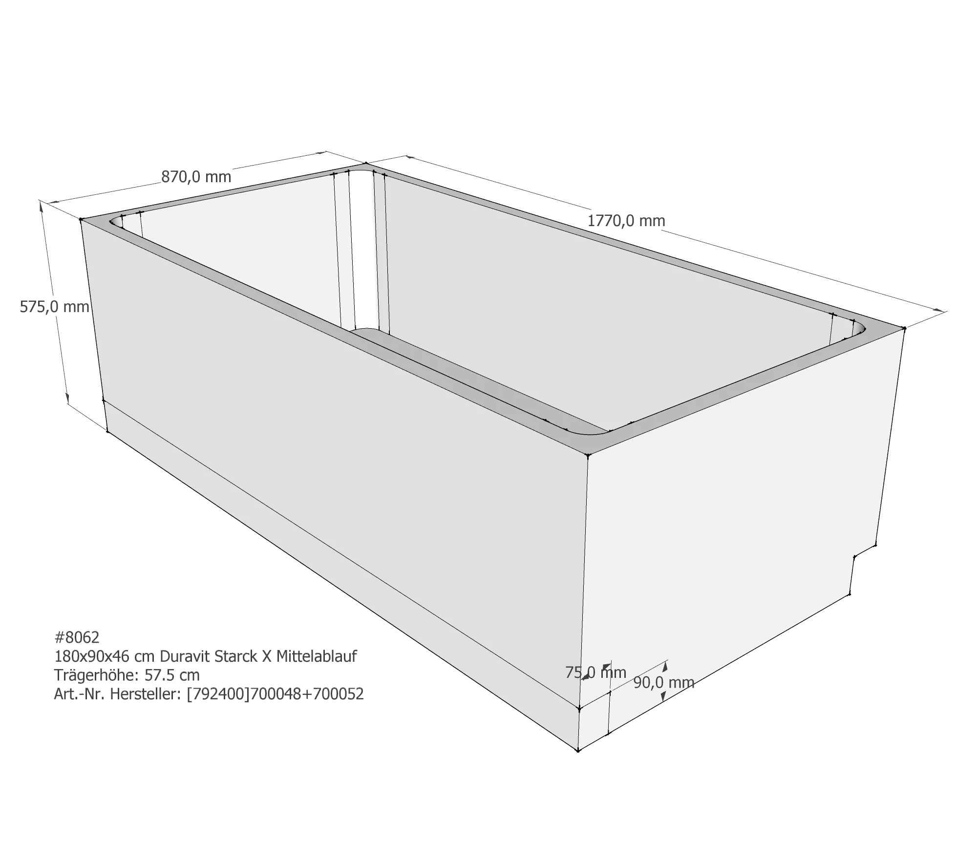 Badewannenträger passend für Duravit Starck X 180 × 90 × 46 cm