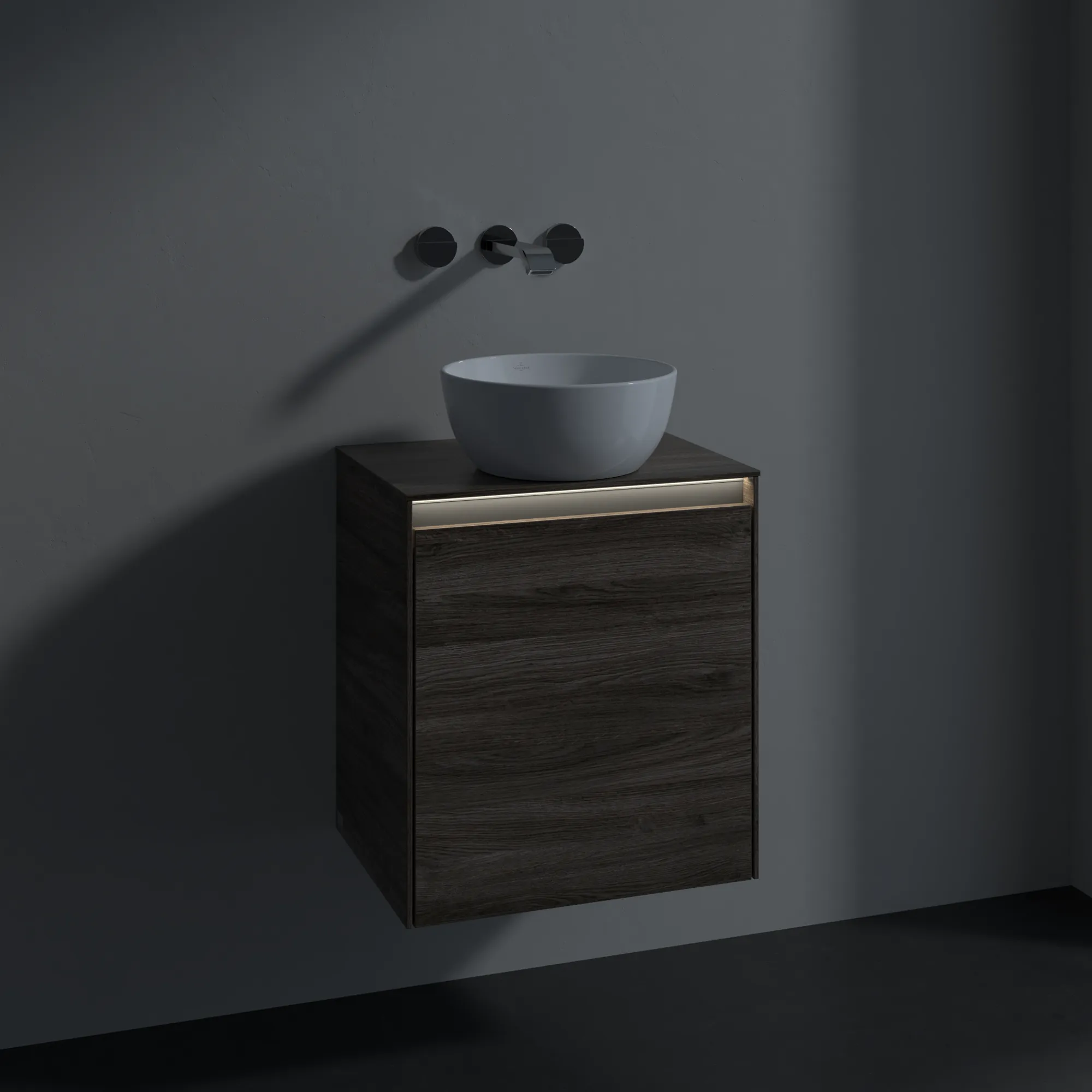Villeroy & Boch Waschtischunterschrank „Collaro“ 500 × 548 × 380 mm Stone Oak, für Becken mittig, Anschlag rechts, mit Beleuchtung Villeroy & Boch Waschtischunterschrank „Collaro“ 500 × 548 × 380 mm Stone Oak, für Becken mittig, Anschlag rechts, mit Beleuchtung