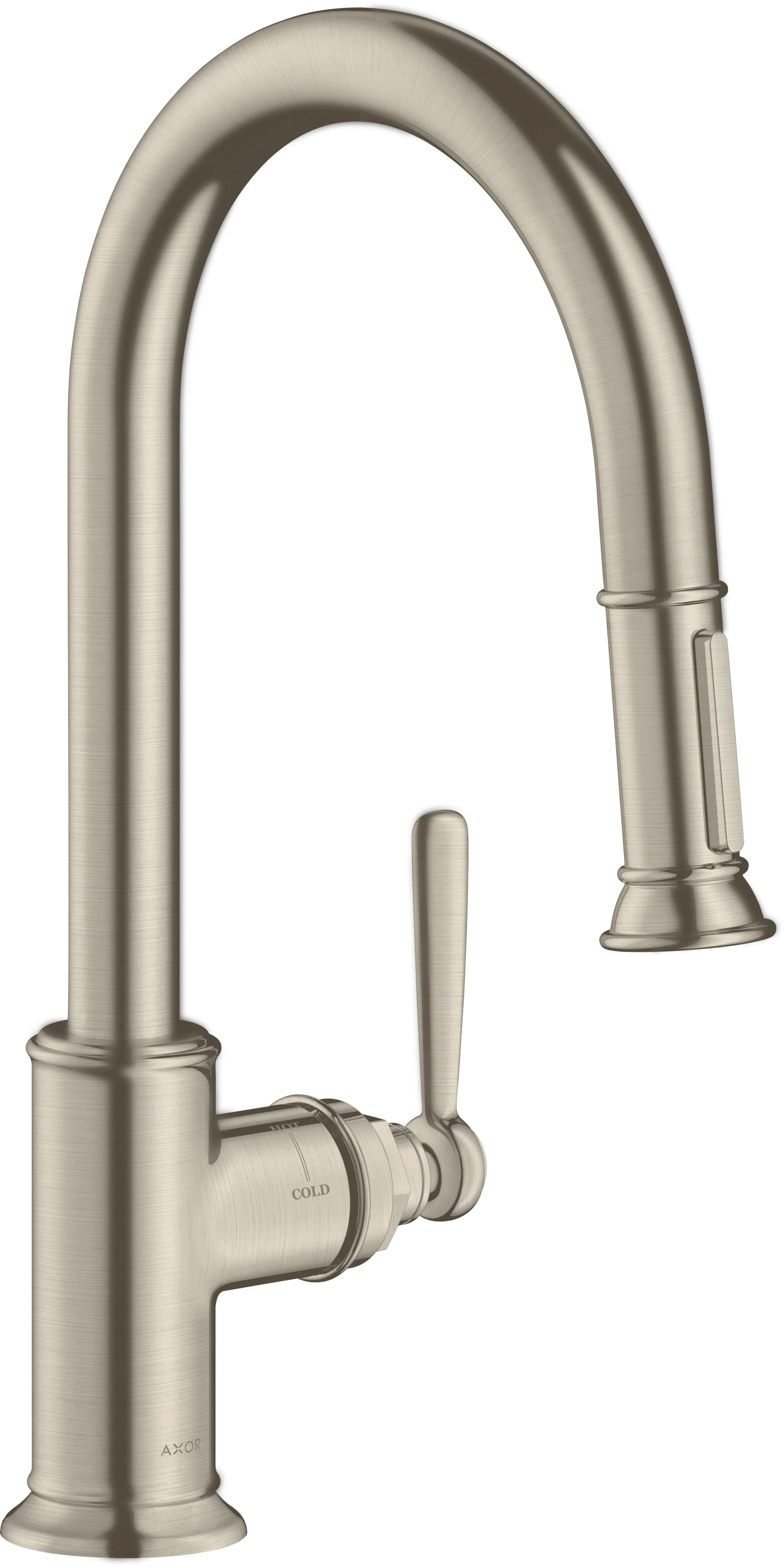 Hansgrohe AXOR Montreux Einhebel-Küchenmischer Brushed Nickel mit Ausziehbrause, ComfortZone 180, Schwenkbereich 110° oder 150°, Laminarstrahl, MagFit-Brausehalterung, Quick-Connect-Schlauch, max. Durchfluss 9 l/min, Keramikmischsystem, Temperaturbegrenz