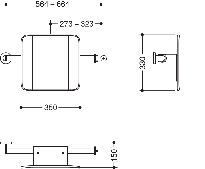 Rückenstütze, System 900, Anbindung Edst. PVD., Lehne Kst., schwarz, Achsmaß verstellbar 564-664 mm, T: 150 mm, einseitig Wandmontage mit Rosetten (rechts), einseitig Montage an SK-Griffen, Design (A) (links), in Farbe CK (messing glänzend)