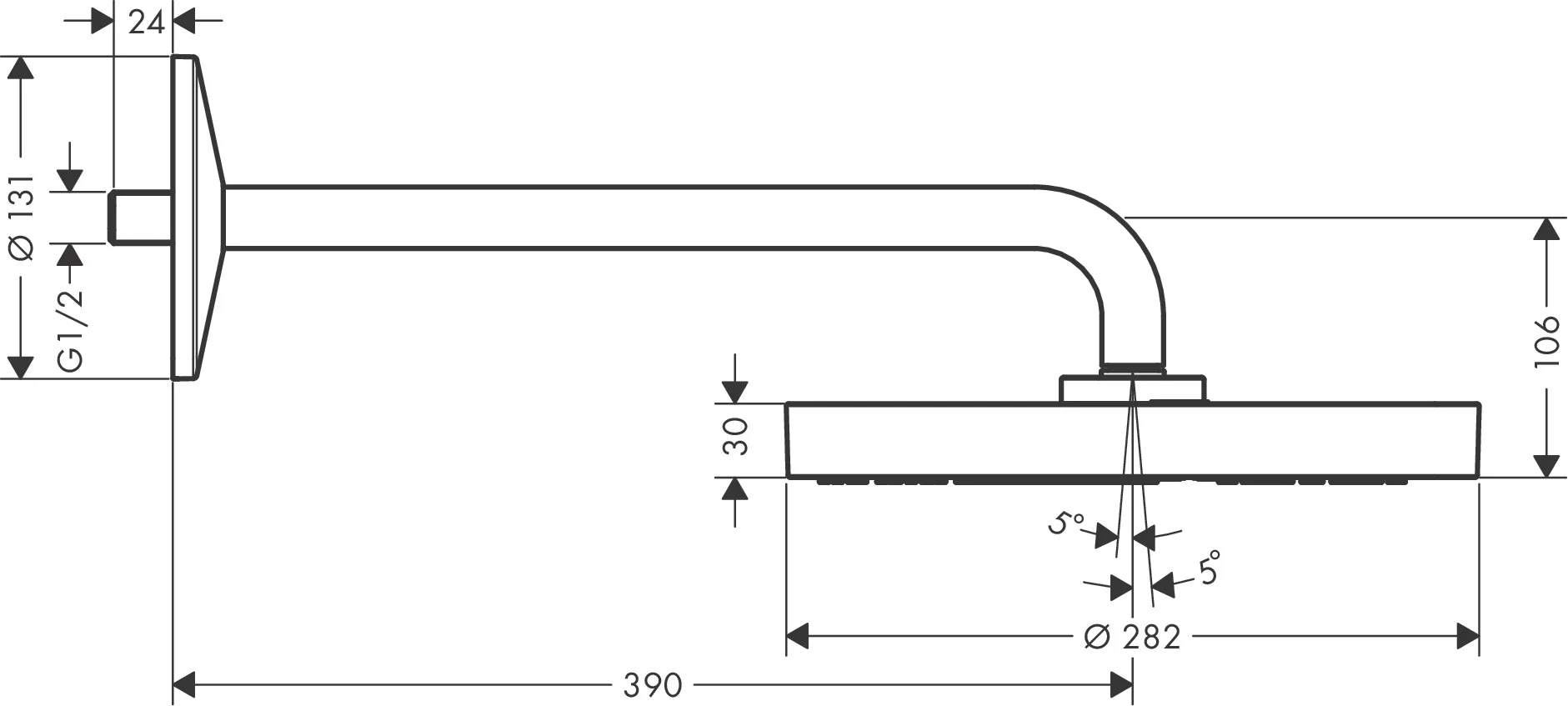 Hansgrohe AXOR One Kopfbrause 1-Jet mit Brausearm, Chrom, 280 mm, PowderRain & Rain, 390 mm Arm Hansgrohe AXOR One Kopfbrause 1-Jet mit Brausearm, Chrom, 280 mm, PowderRain & Rain, 390 mm Arm
