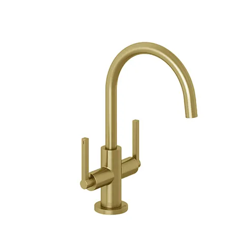Kludi NOVA FONTE Waschtischarmatur, Puristic Einlochmontage, Brushed Gold, DN 15, 2-Griff, schwenkbarer oder arretierbarer Auslauf