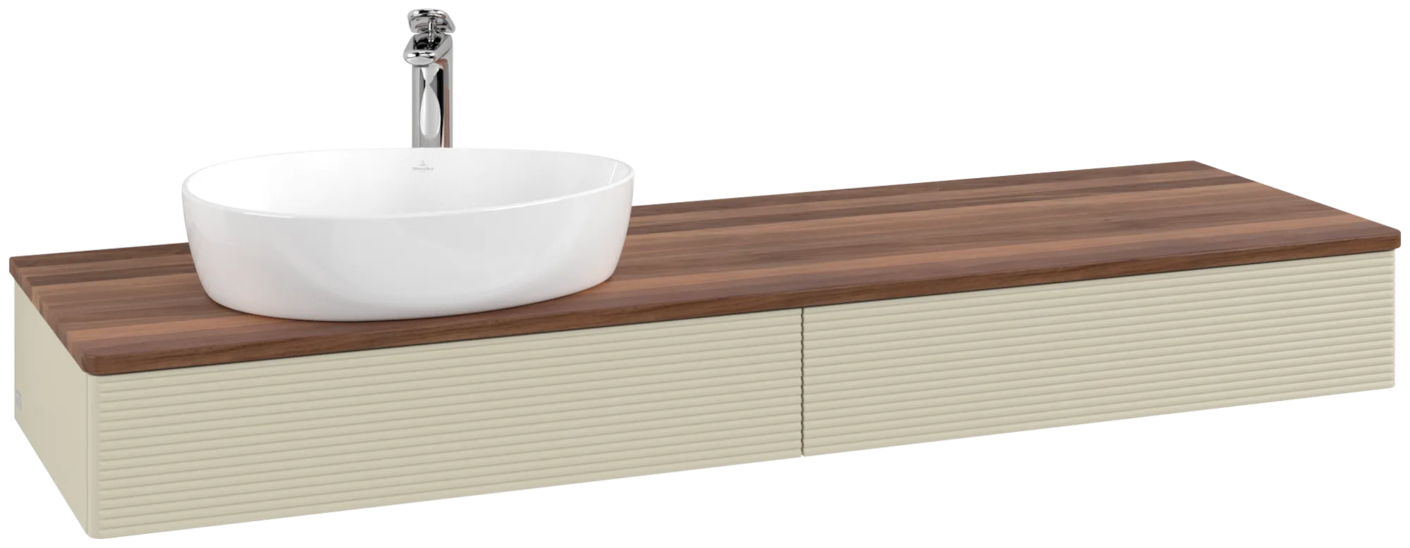 Villeroy & Boch Antao Waschbeckenunterschrank L15_5, 1600x190x500mm, links, Silk Grey Matt Lacquer / Warm Walnut