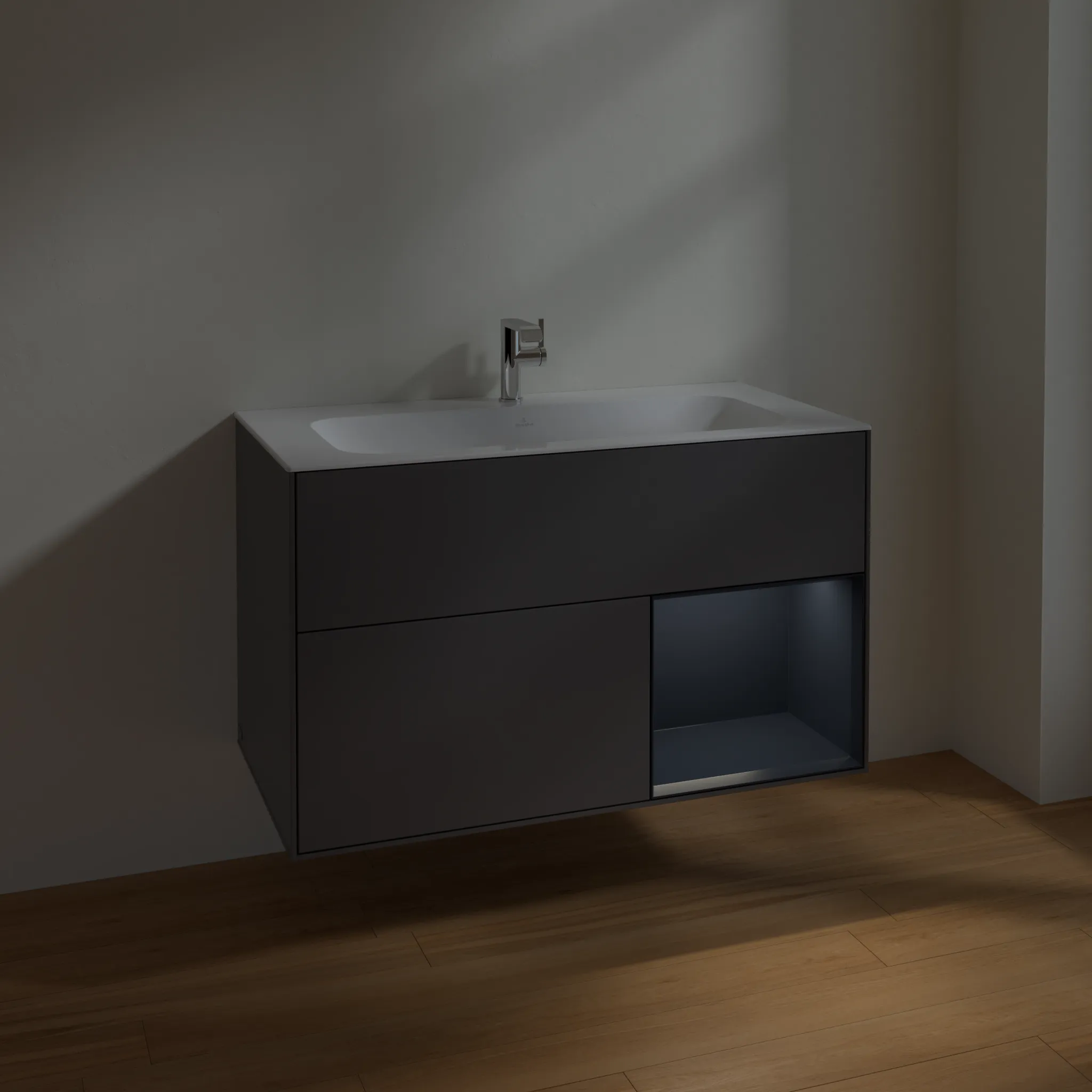 Villeroy & Boch Waschbeckenunterschrank Finion F04, Anthracite Matt Lacquer / Midnight Blue Matt Lacquer, 996x591x498 mm, mit Beleuchtung, SoftClosing und Push-to-open Funktion