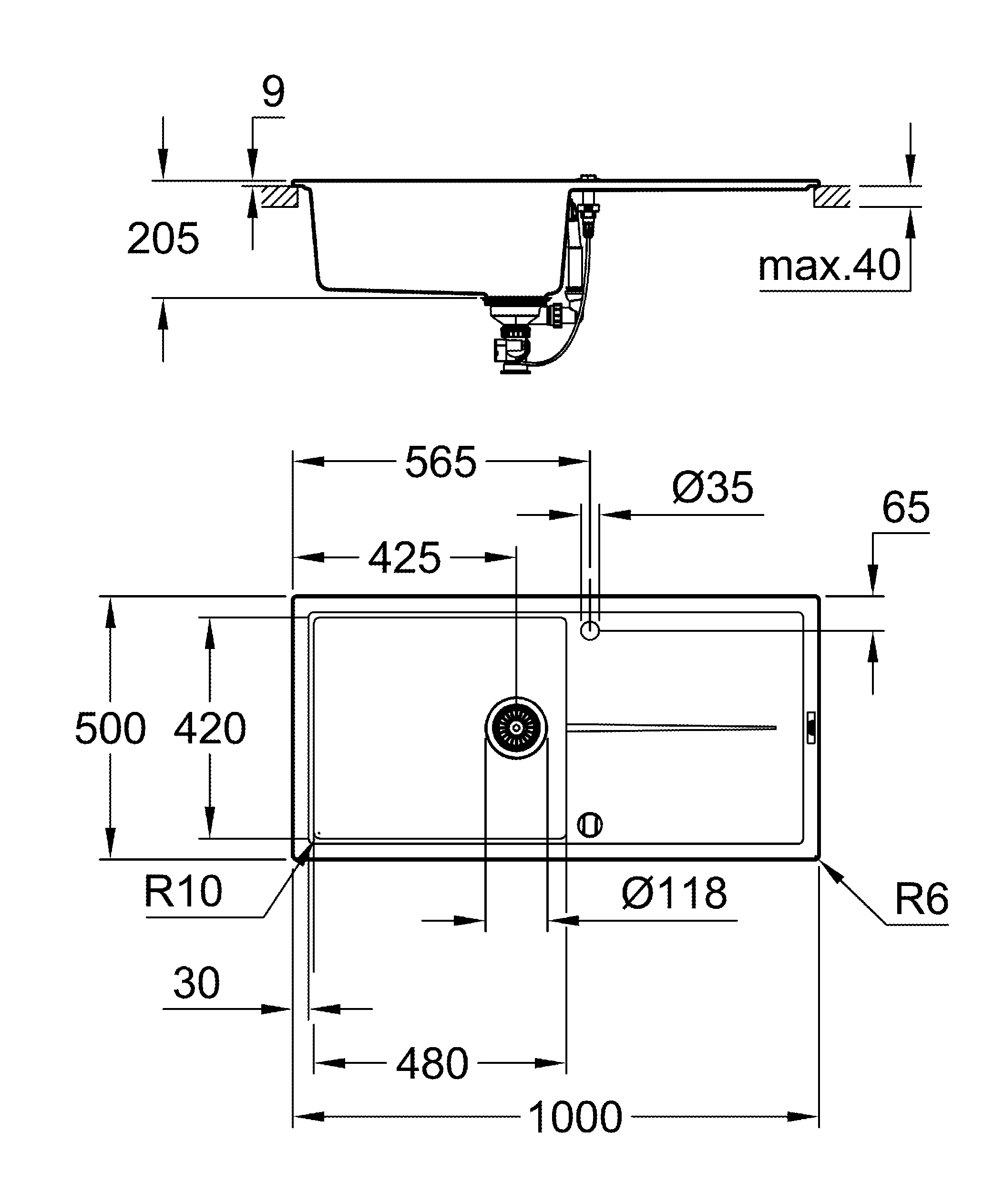 Kompositspüle K400 31641, mit Abtropffläche, Modell: K400 60-C 100/50 1.0 rev, Montageart: Standard-Einbauspüle, Maße: 1000 x 500 mm, 1 Becken: 480 x 420 x 205 mm, granit schwarz