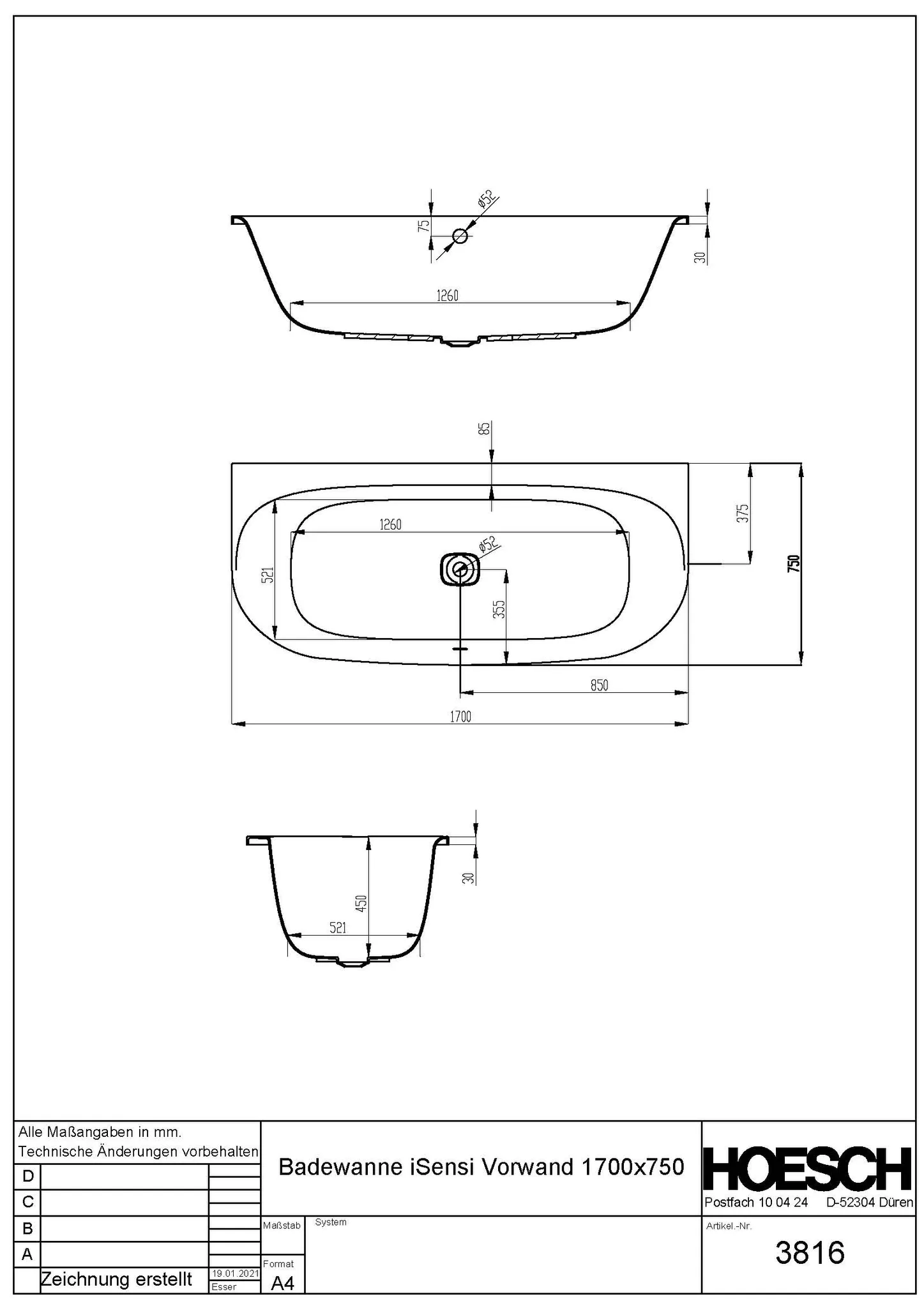 Hoesch Badewanne „iSensi“ vorwand halbkreis 170 × 75 cm in Weiß