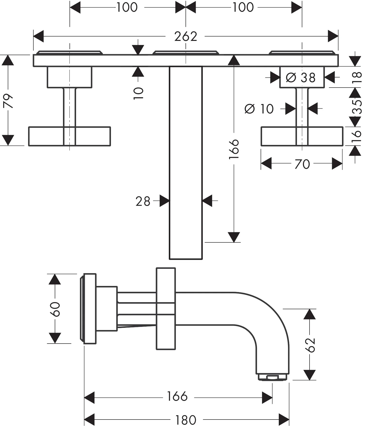 3-Loch Waschtischarm.Axor Citterio Wand F-Set kurz chrom m.Platte/Kreuzgr. 3-Loch Waschtischarm.Axor Citterio Wand F-Set kurz chrom m.Platte/Kreuzgr.