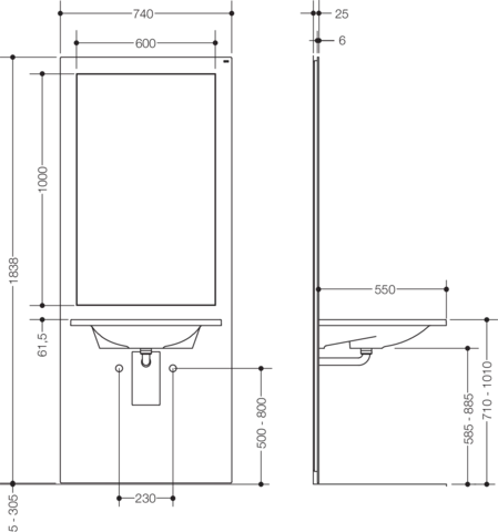 Waschtisch-Modul „S 50“ Set 74 × 183,8 cm