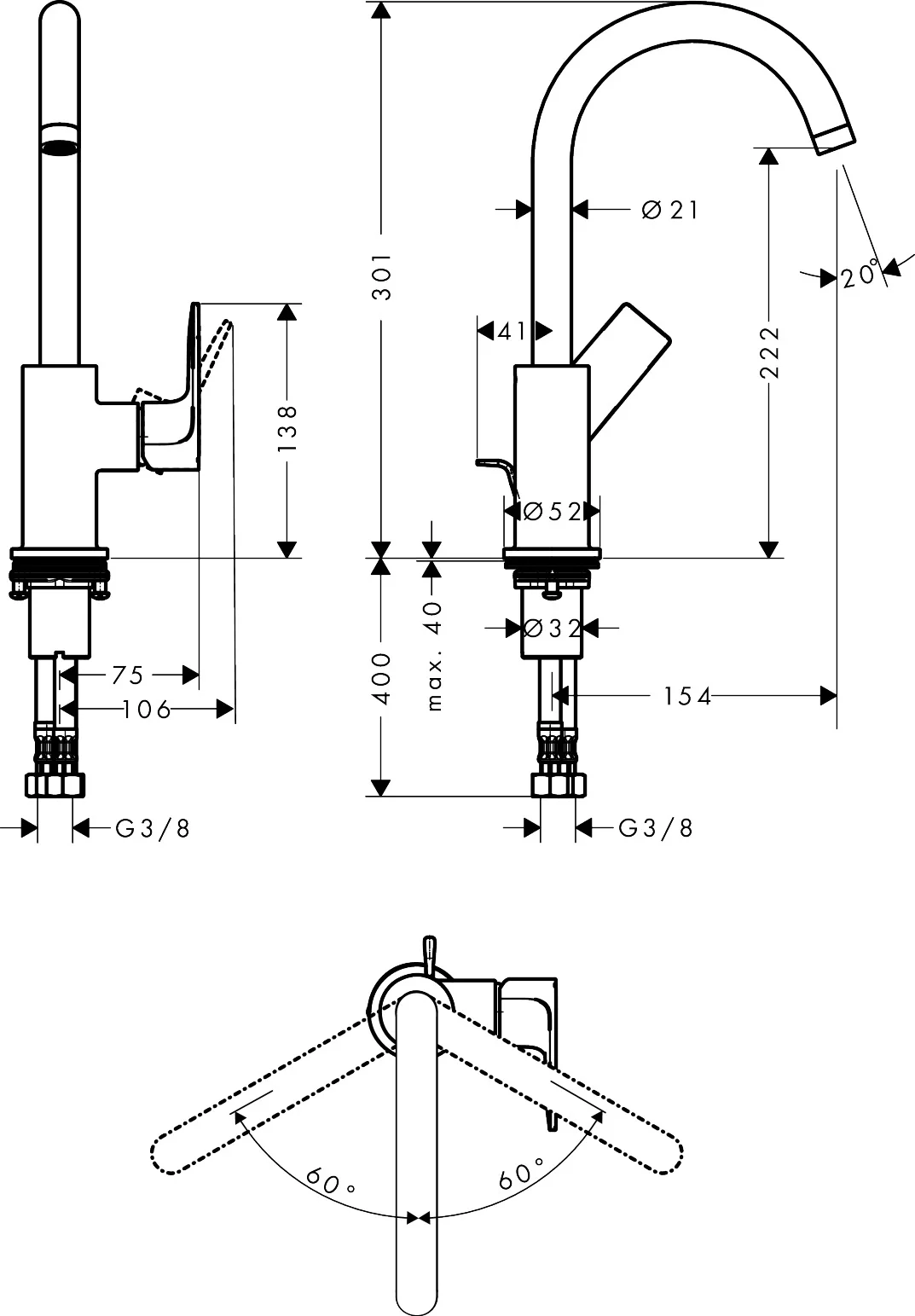 Hansgrohe Einhebel-Waschtischmischer Rebris E Chrom, 154 mm Ausladung, 222 mm Auslaufhöhe, 120° Schwenkbereich, 5 l/min Durchfluss