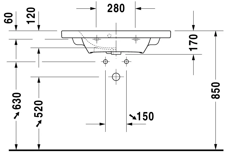 Wandwaschtisch „DuraStyle“, mit Überlauf, Hahnlochposition mittig Wandwaschtisch „DuraStyle“, mit Überlauf, Hahnlochposition mittig