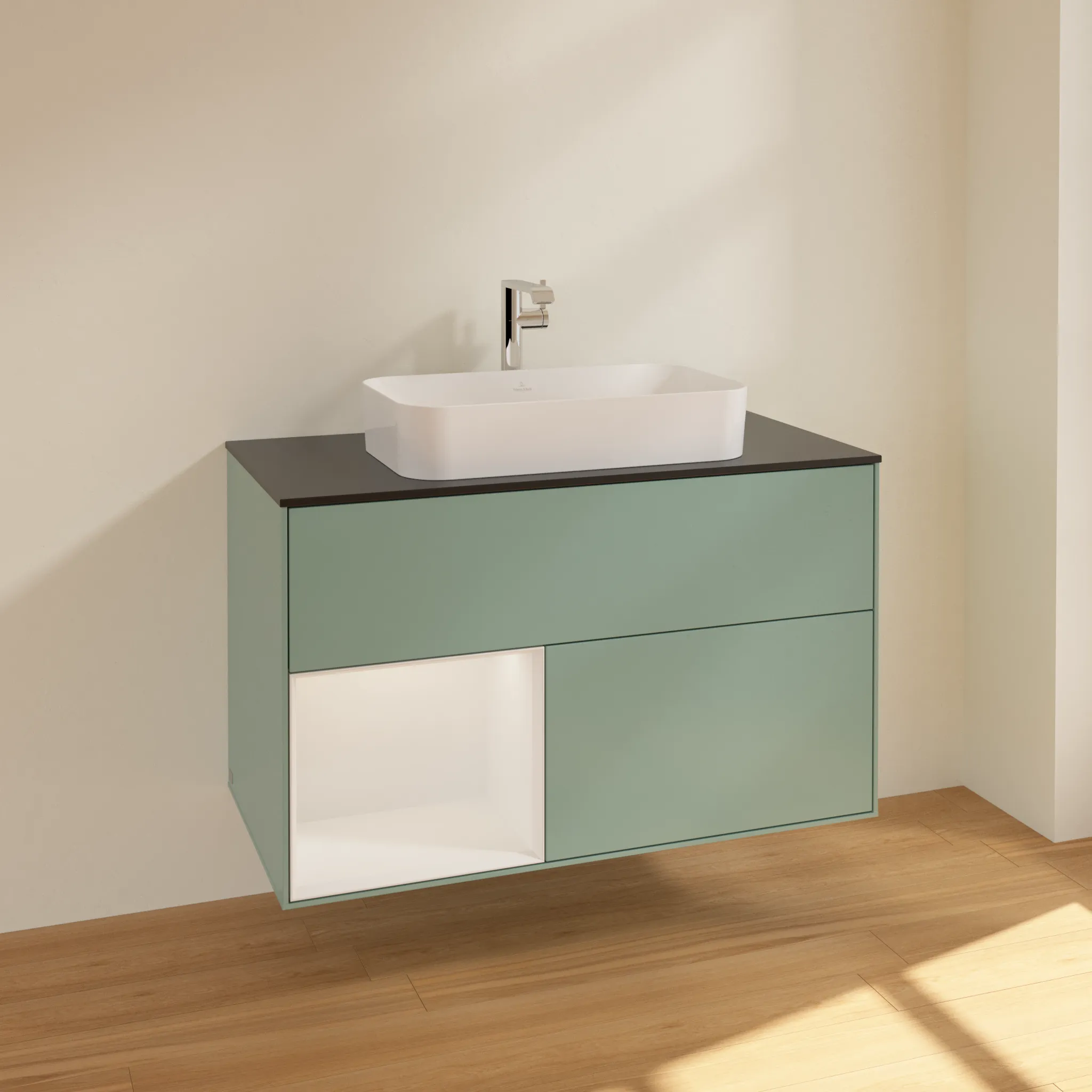 Villeroy & Boch Waschtischunterschrank „Finion“ für Schrankwaschtisch 1000 × 603 × 501 mm Olive Matt Lacquer, mit Hahnlochbohrung, für Becken mittig Villeroy & Boch Waschtischunterschrank „Finion“ für Schrankwaschtisch 1000 × 603 × 501 mm Olive Matt Lacquer, mit Hahnlochbohrung, für Becken mittig
