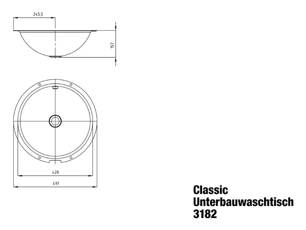 Unterbauwaschtisch „Classic“ ⌀ 49,1 × 15,7 cm, ohne Hahnlochbohrung, mit Überlauf in alpinweiß mit Perl-Effekt