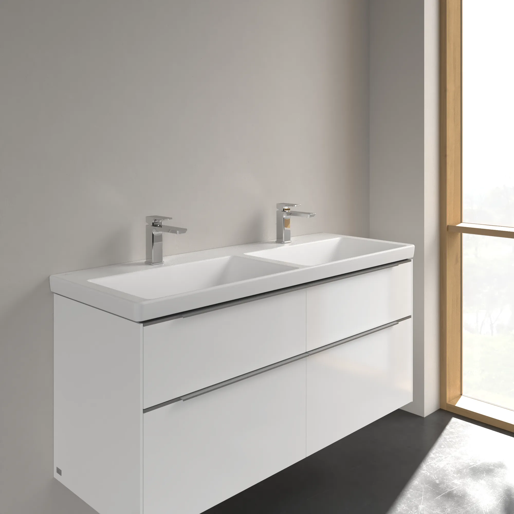 Villeroy & Boch Doppelwaschtisch aus TitanCeram „Subway 3.0“ 1300 × 475 × 165 mm, mit Hahnlochbohrung, Hahnlochposition links und rechts in Stone White Villeroy & Boch Doppelwaschtisch aus TitanCeram „Subway 3.0“ 1300 × 475 × 165 mm, mit Hahnlochbohrung, Hahnlochposition links und rechts in Stone White
