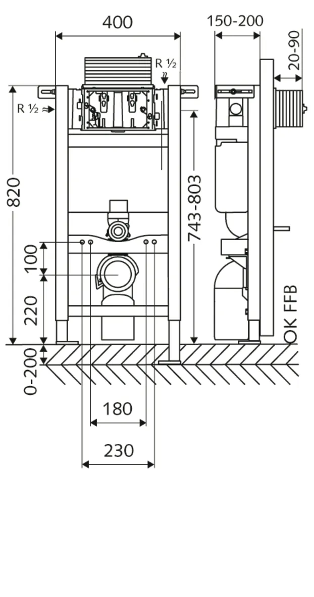 WC-Modul MONTUS, Typ 820 C, Betätigung von oben oder vorne, B 40 cm x H 82 cm, Rahmen pulverbeschichtet