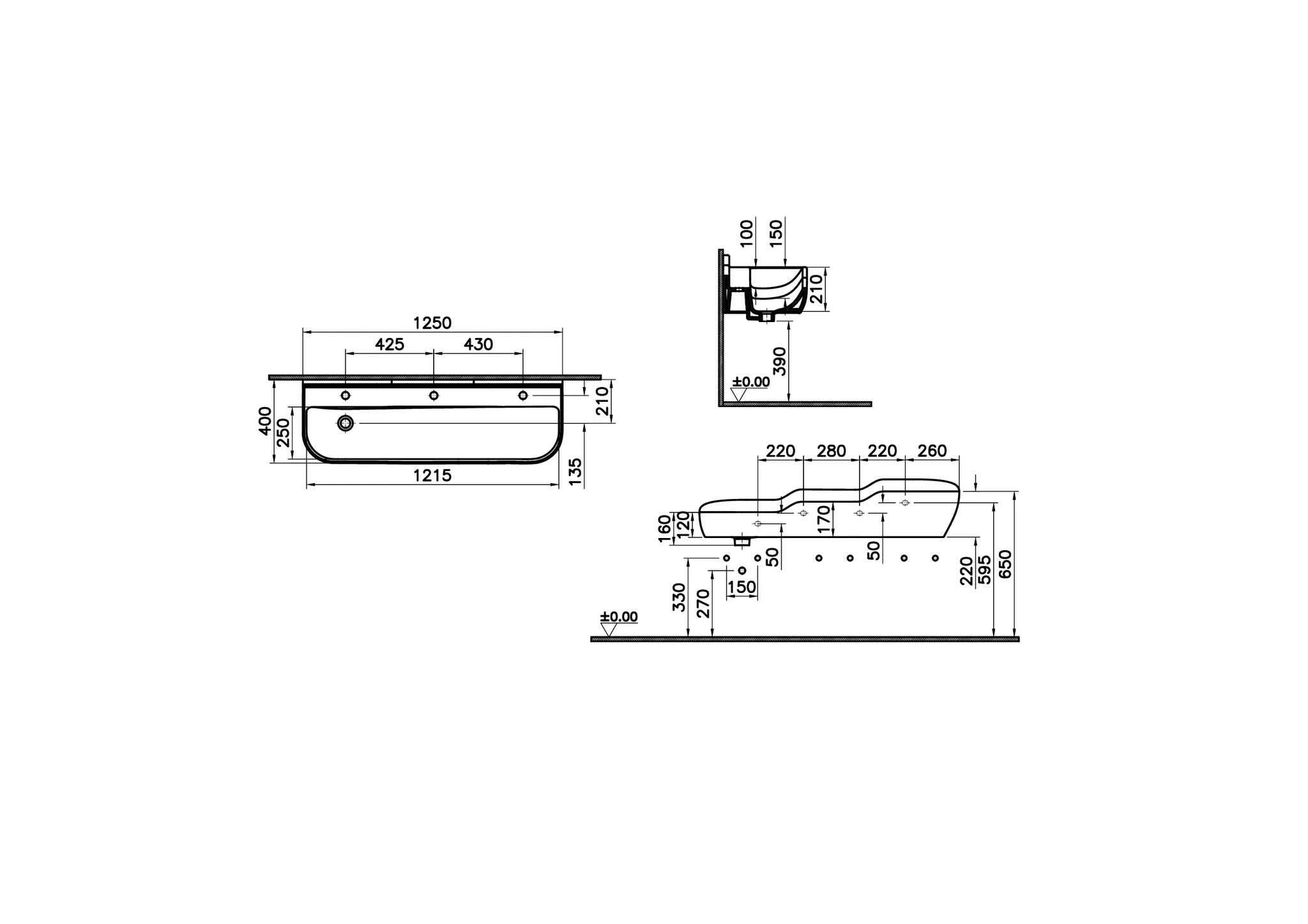 VitrA Sento Kids Reihenwaschtisch 125 cm ohne Überlaufloch Weiß Hochglanz