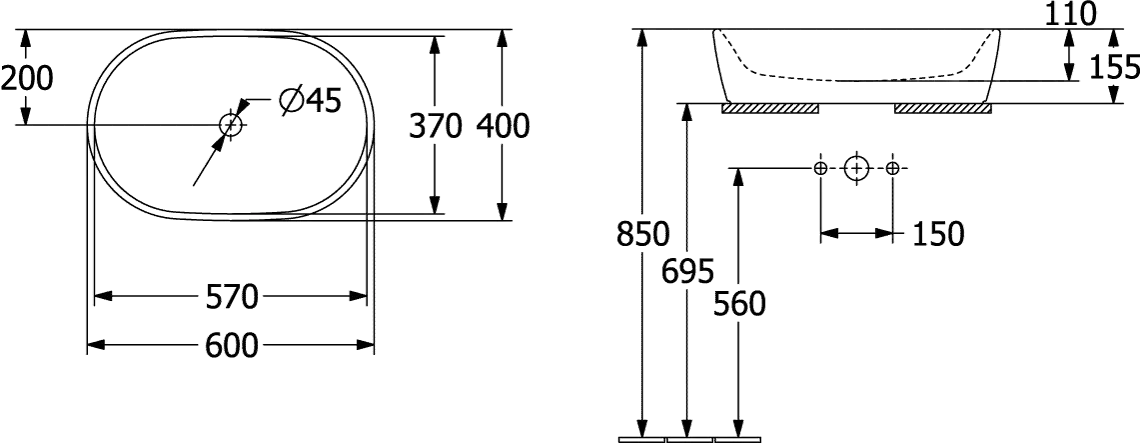 Villeroy & Boch Aufsatzwaschtisch „Architectura“ 600 × 400 × 155 mm, ohne Hahnlochbohrung in Weiß Alpin Villeroy & Boch Aufsatzwaschtisch „Architectura“ 600 × 400 × 155 mm, ohne Hahnlochbohrung in Weiß Alpin