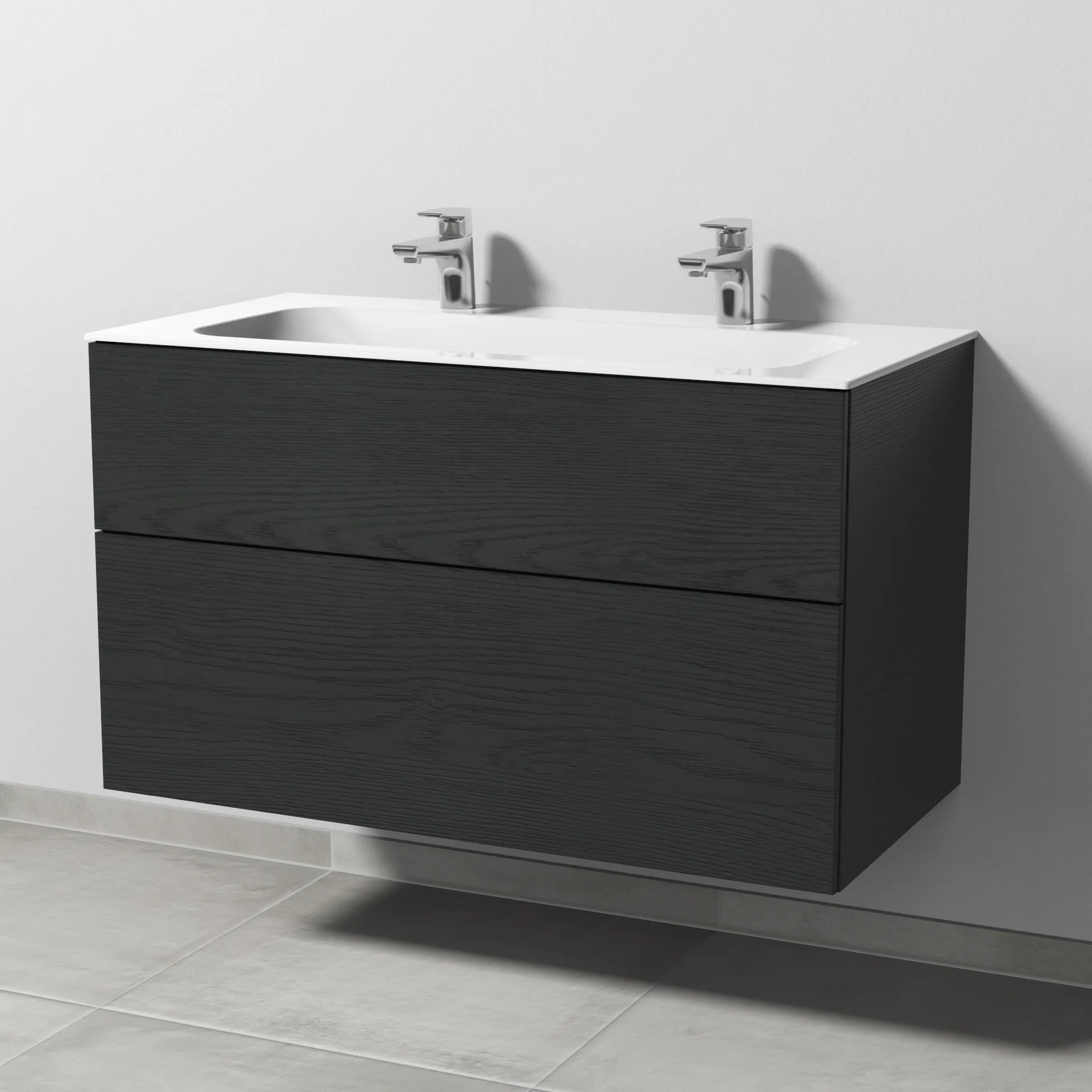 Keramik-Waschtisch-Set mit Waschtischunterschrank „3way“ 99 × 49,7 × 58,2 cm in Black Oak, mit Hahnlochbohrung, Becken mittig