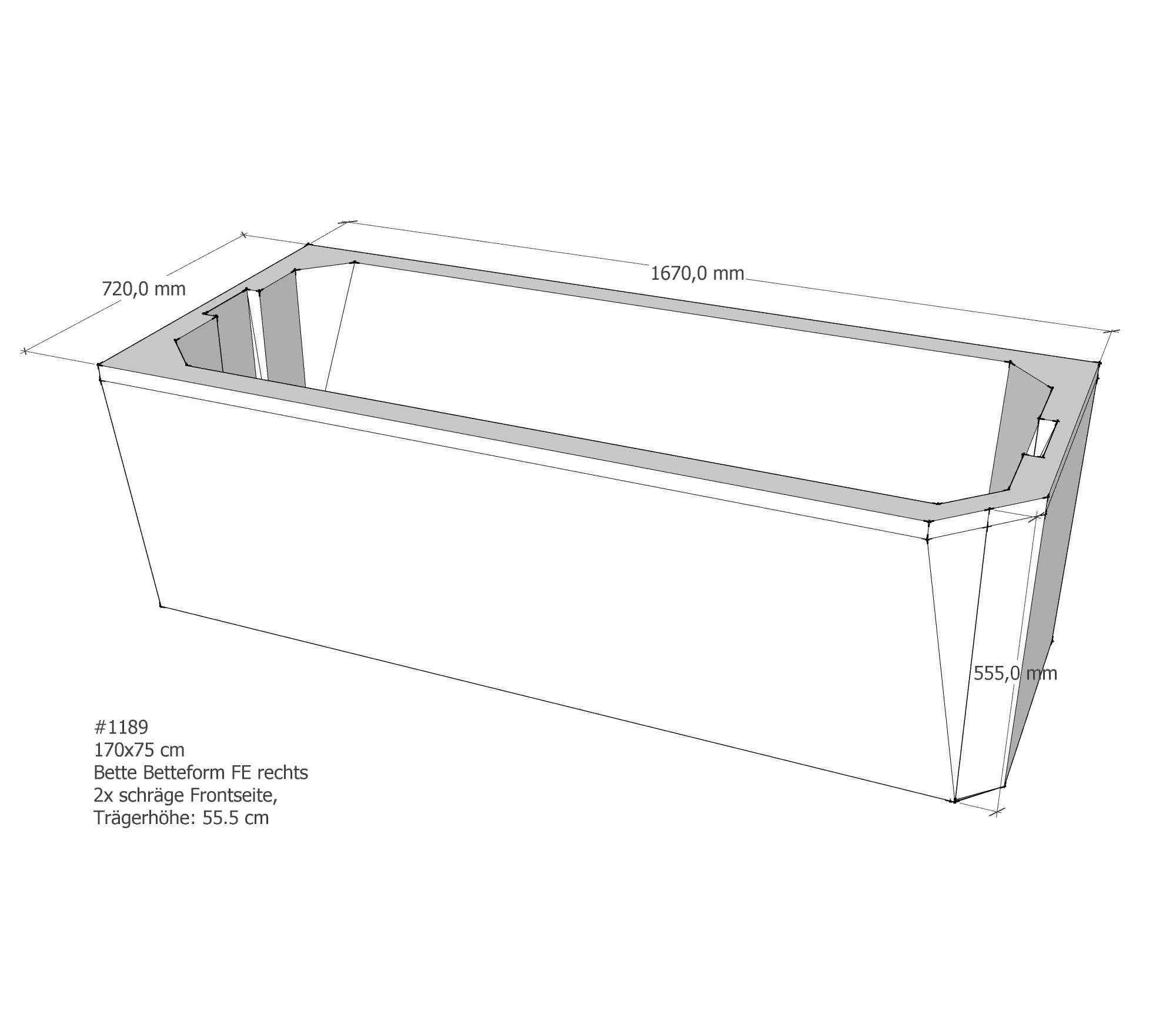 Badewannenträger für Bette Profi-Form FE rechts schräge Frontseite 170 × 75 × 42 cm Ausführung: rechts / Breite: 75 cm / Länge: 170 cm