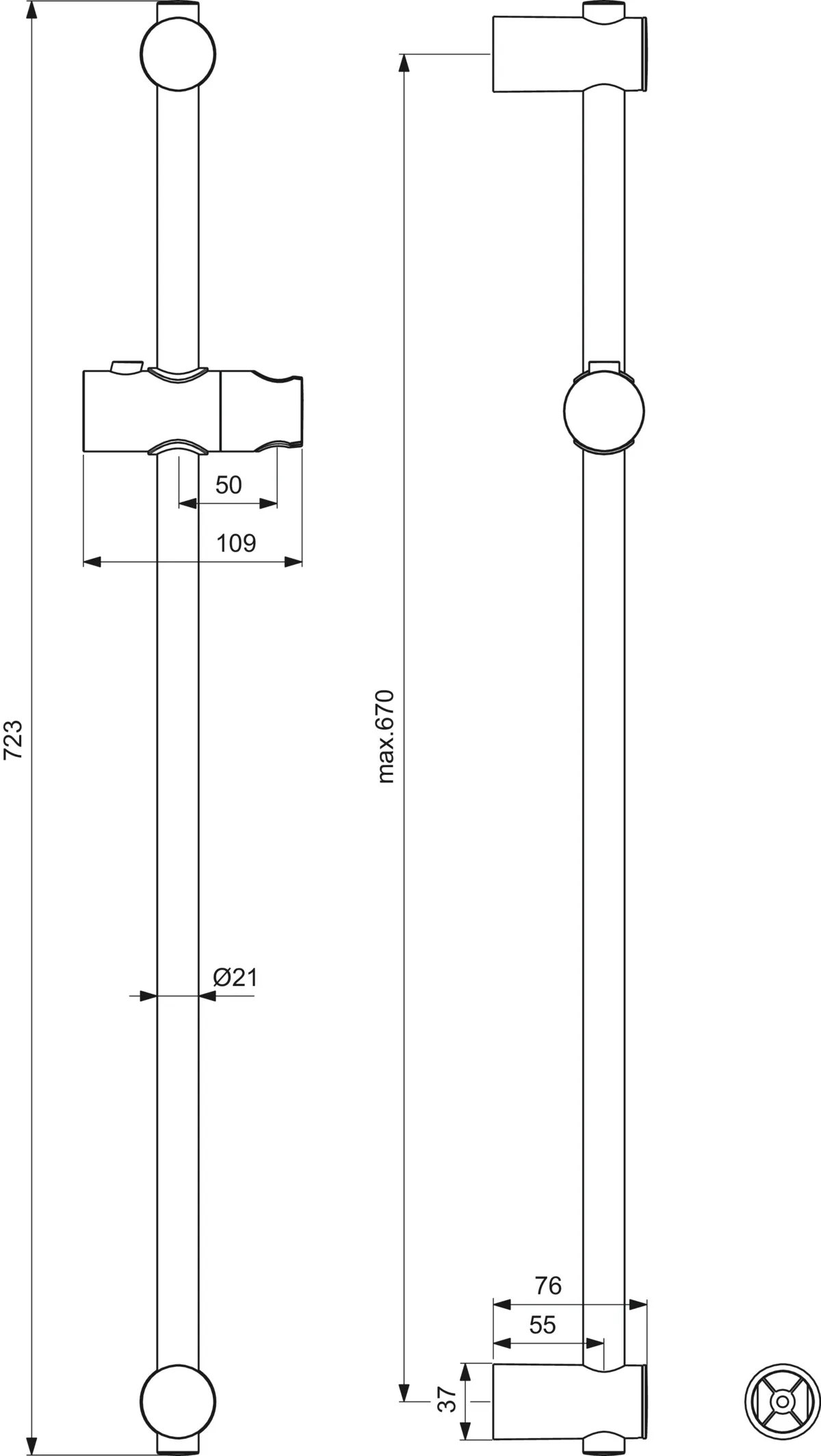 Brausestange Idealrain 720mm schwenkbarem Druckknopf-Schieber Chrom Brausestange Idealrain 720mm schwenkbarem Druckknopf-Schieber Chrom