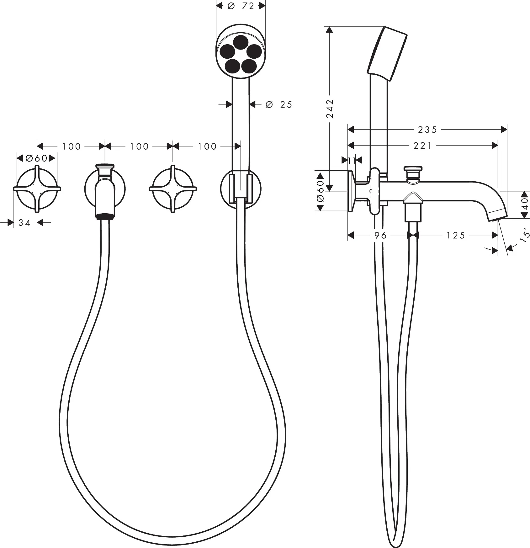 AXOR One 3-Loch Wannenarmatur Unterputz für Wandmontage mit Kreuzgriffen und Handbrause, Chrom AXOR One 3-Loch Wannenarmatur Unterputz für Wandmontage mit Kreuzgriffen und Handbrause, Chrom