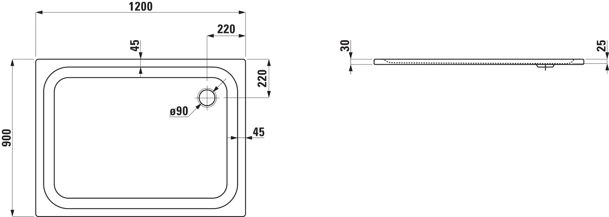 Laufen rechteck Duschwanne „Platina“ 1200 × 900 mm ohne Oberflächenbeschichtung, ohne Oberflächenveredelung, in Weiß