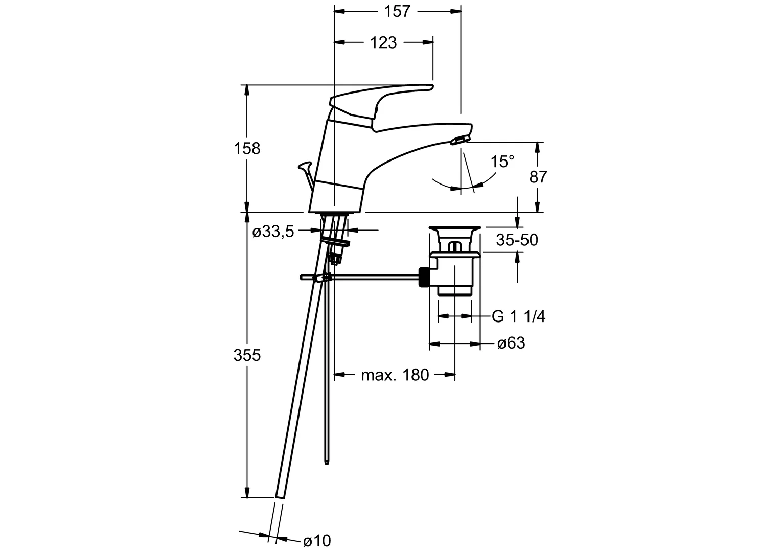 HansaMIX Waschtischarmatur Einhebelmischer HansaMIX 0119 Kupferrohr Zugstangenablaufgarnitur Ausladung 157 mm DN15 Chrom