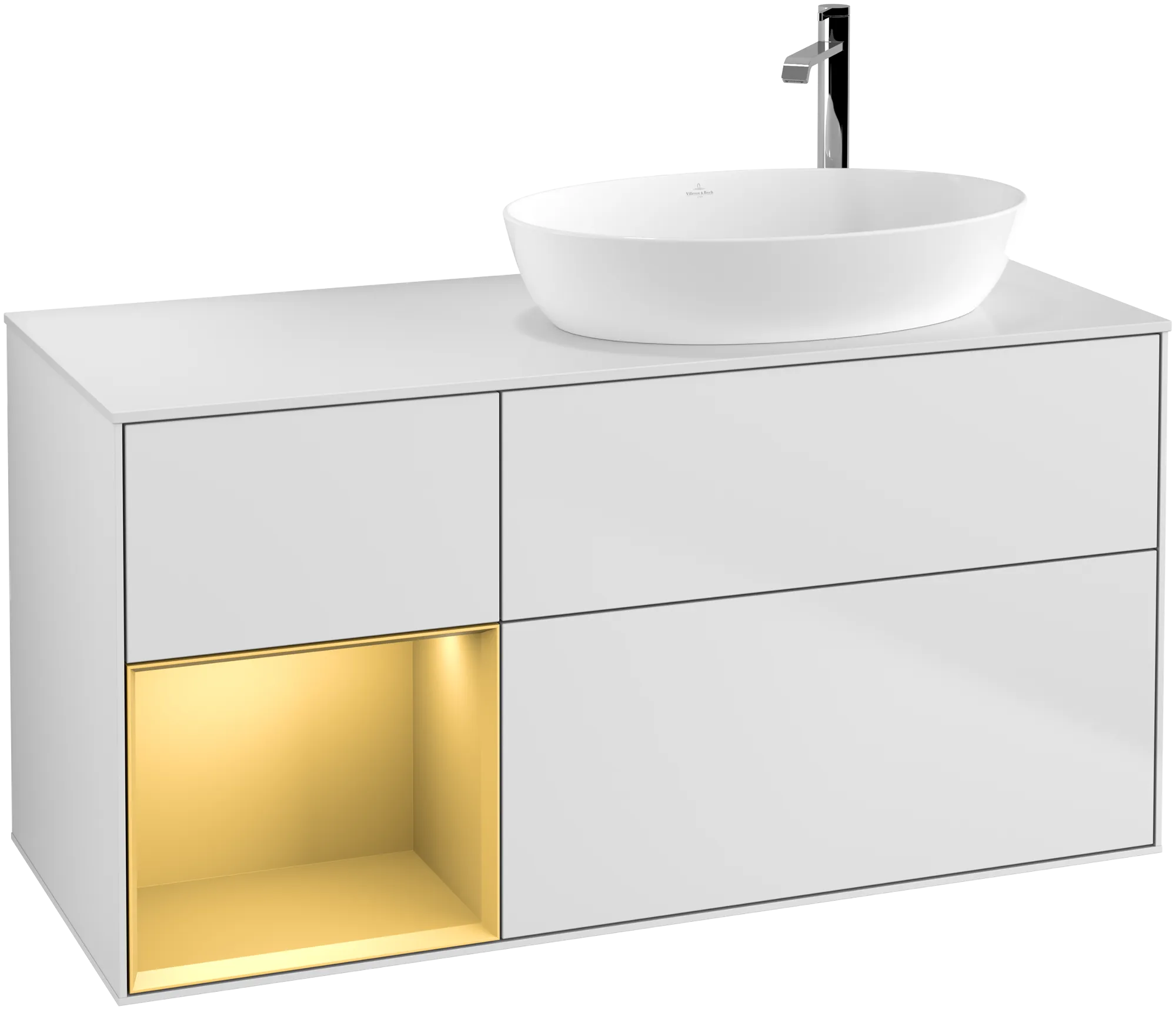 Villeroy & Boch Finion Waschbeckenunterschrank G92, 1200x603x501mm, Holz, White Matt Lacquer / Gold Matt Lacquer / Glass White Matt
