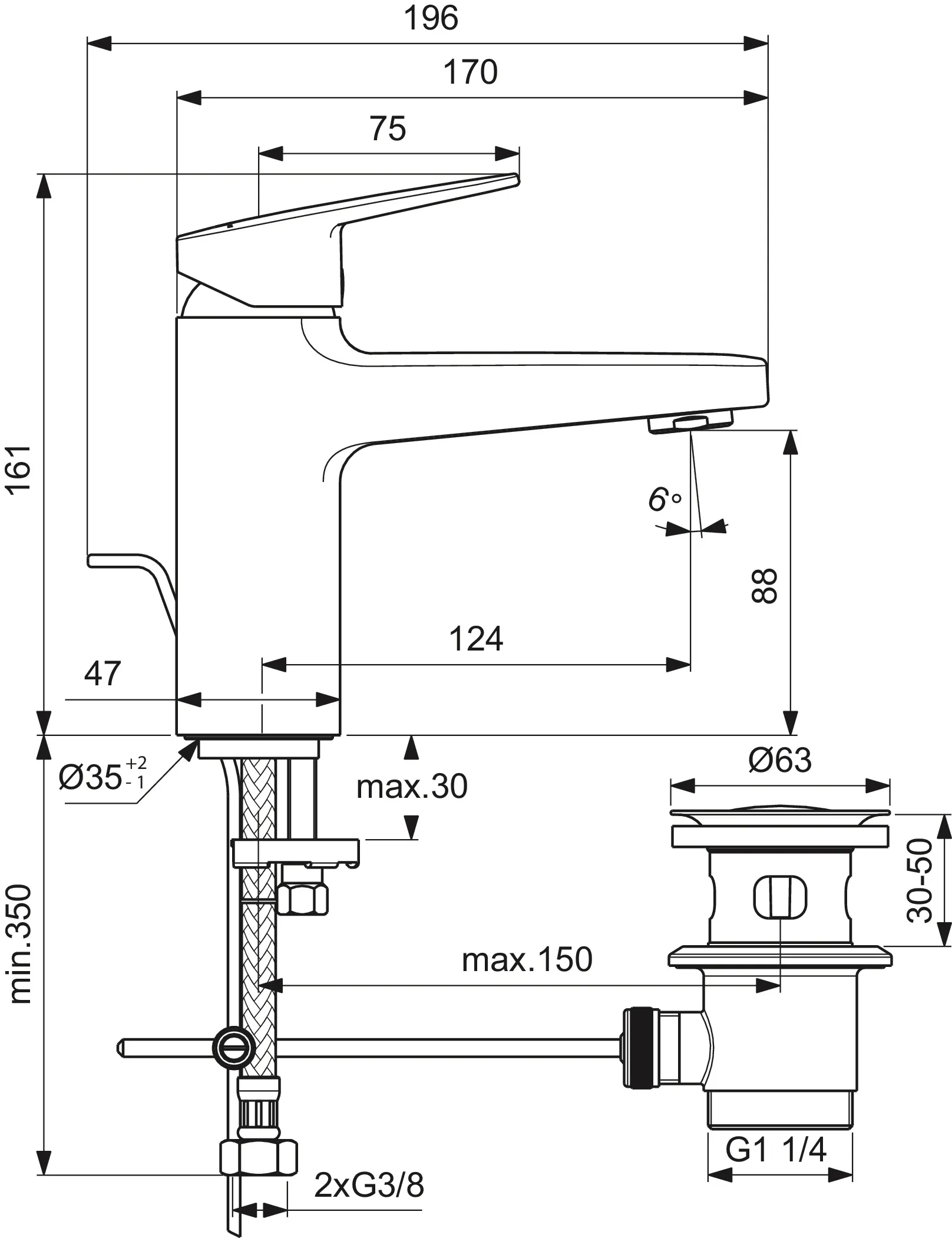 Ideal Standard Waschtischarmatur Ceraplan H90 mit Ablaufgarnitur, Ausladung 124mm, Chrom Ideal Standard Waschtischarmatur Ceraplan H90 mit Ablaufgarnitur, Ausladung 124mm, Chrom