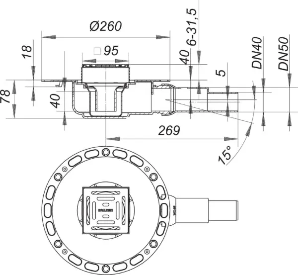 Bodenablauf TistoPlan K 10, DN 40/ DN 50, 100 x 100 mm