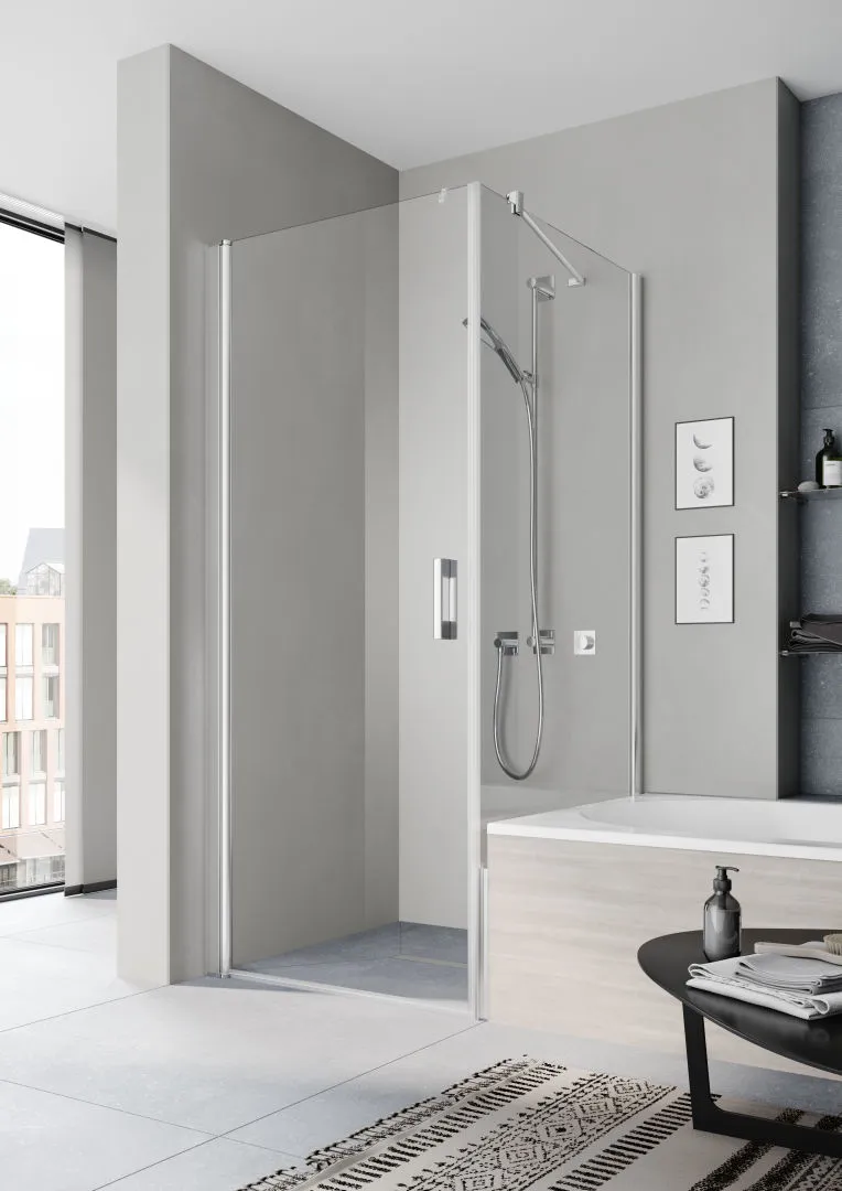 Kermi verkürzte Seitenwand neben Badewanne für Ecke „PEGA“ Glas Klar, Profile Silber Hochglanz, BV: 665 - 690 mm WE: 675 - 700 mm H: 1600 mm