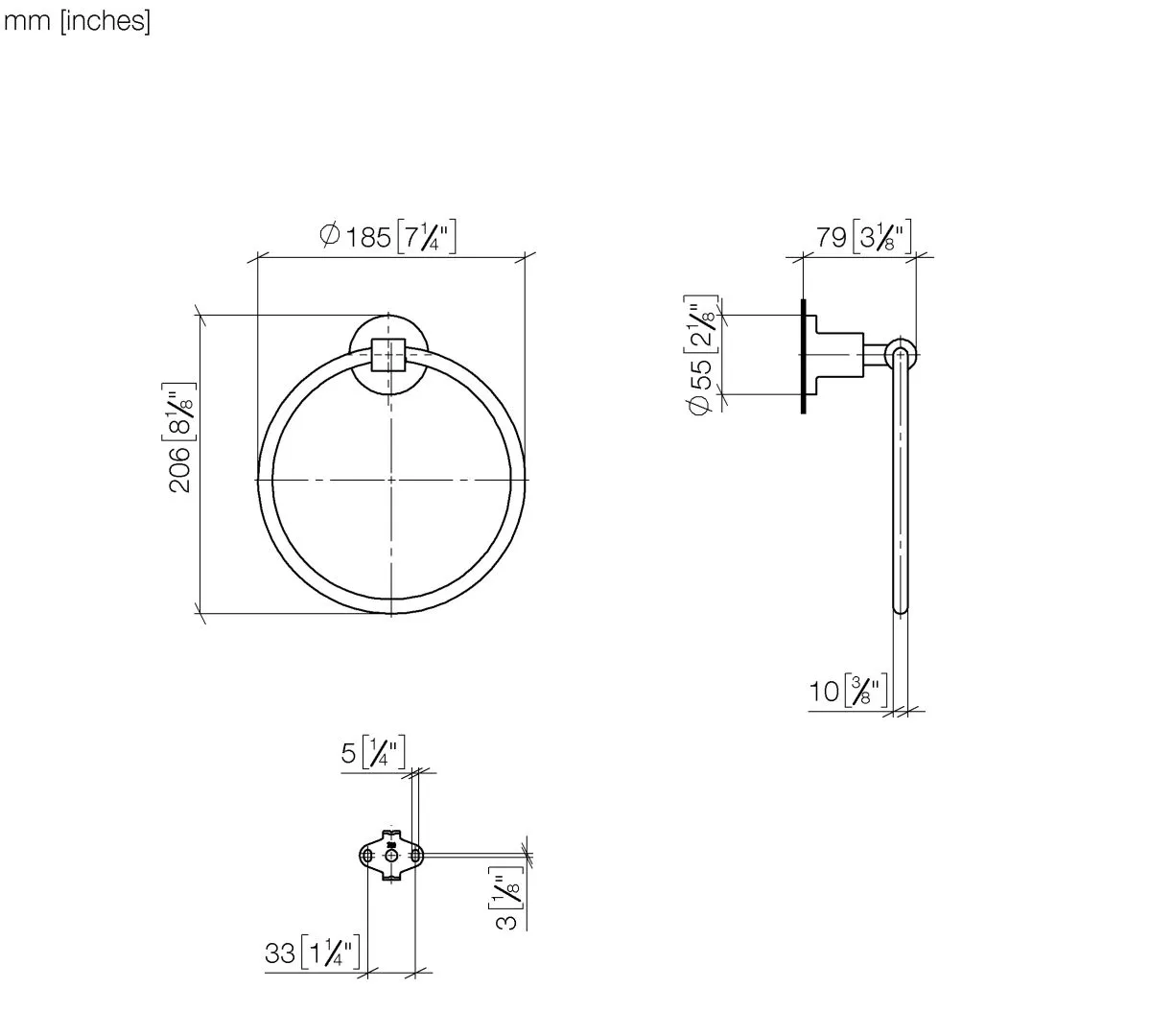 Dornbracht Handtuchring TARA, rund, Dark Bronze gebürstet PVD, Breite 185 mm, Rosette Ø 55 mm, Ausladung 80 mm