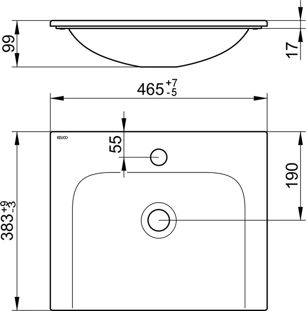 KEUCO X-LINE Keramik-Waschtisch mit 1-Loch Bohrung 465x17x383mm weiß