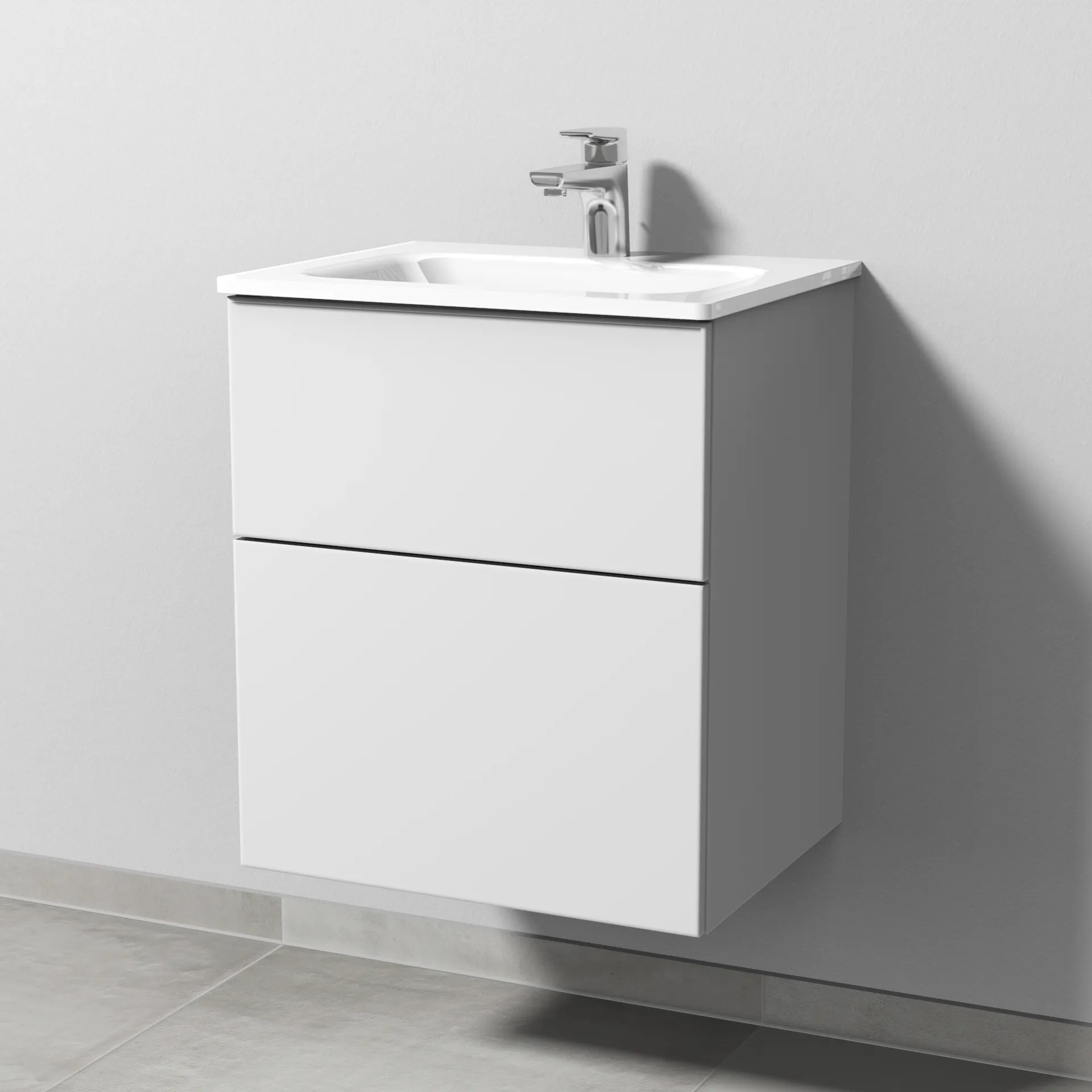 Glas-Waschtisch-Set mit Waschtischunterschrank „3way“ 50 × 40,7 × 58,2 cm in Weiß-Soft, mit Hahnlochbohrung Glas-Waschtisch-Set mit Waschtischunterschrank „3way“ 50 × 40,7 × 58,2 cm in Weiß-Soft, mit Hahnlochbohrung