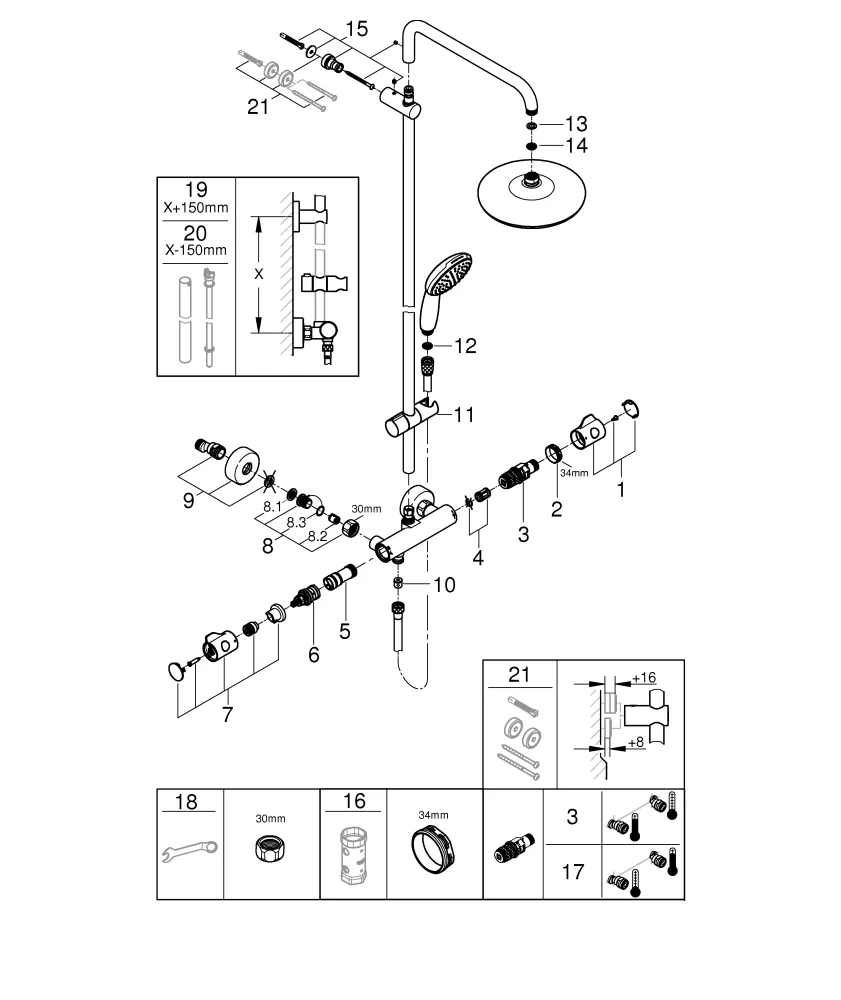 Duschsystem Tempesta 210 26811_1, mit Thermostat, Wandmontage, Kopfbrause Tempesta 210, Brauseboden weiß, Strahlart: Rain, Handbrause Tempesta 110, Strahlart: Rain, Water Saving, (28 410), Maximaler Durchfluss (bei 3 bar): 8.7 l/min, chrom