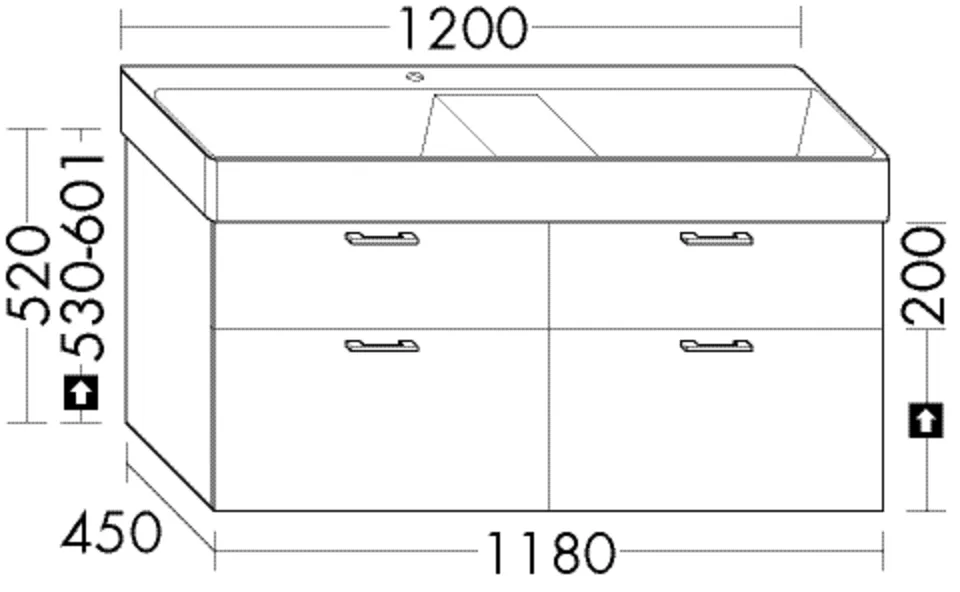 Waschtischunterschrank Sys30 von burgbad - 1.180 mm breit, 450 mm tief, 520 mm hoch mit 2 Schubladen oben und 2 Auszügen unten Waschtischunterschrank Sys30 von burgbad - 1.180 mm breit, 450 mm tief, 520 mm hoch mit 2 Schubladen oben und 2 Auszügen unten
